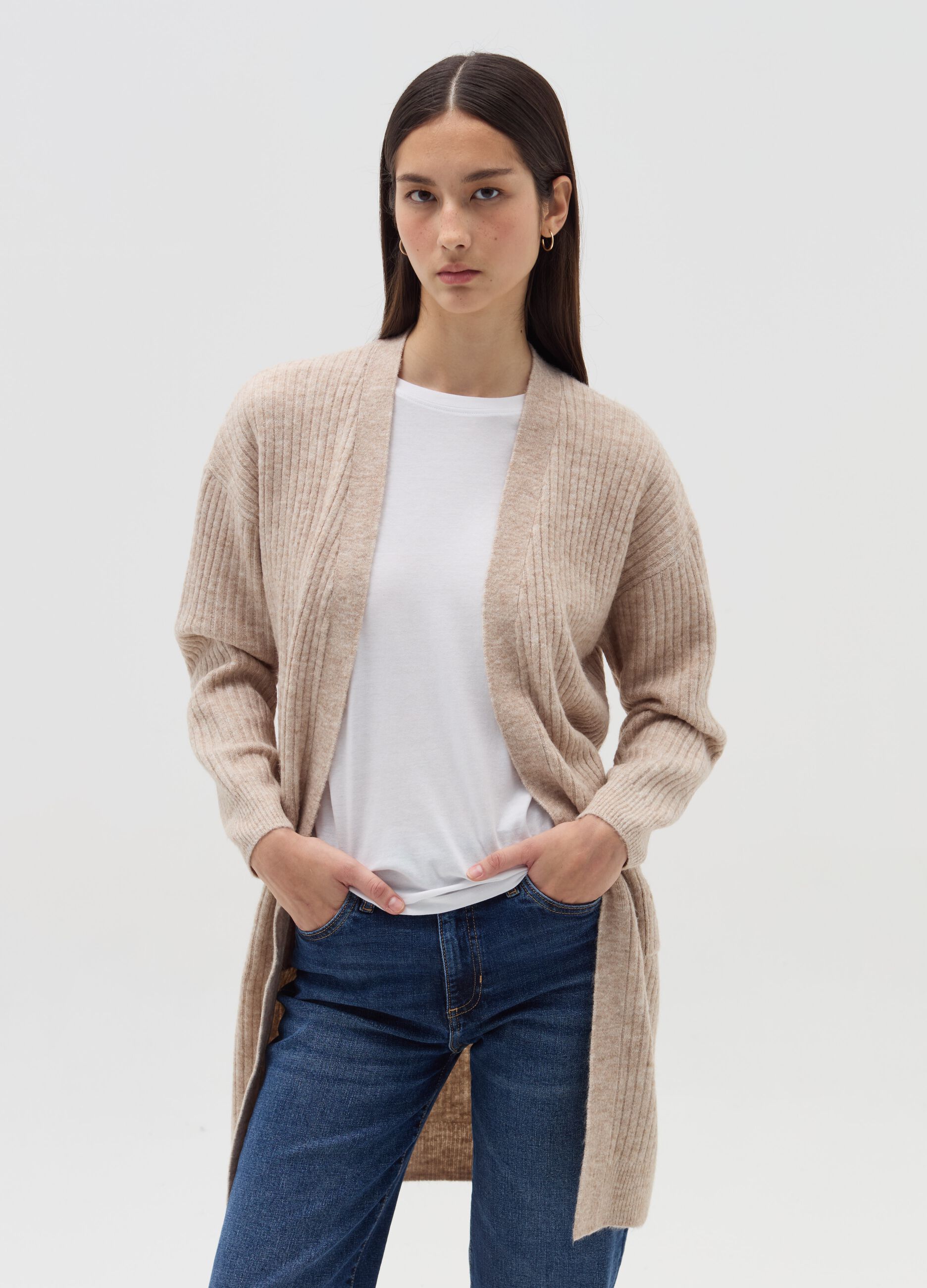 Long ribbed open cardigan