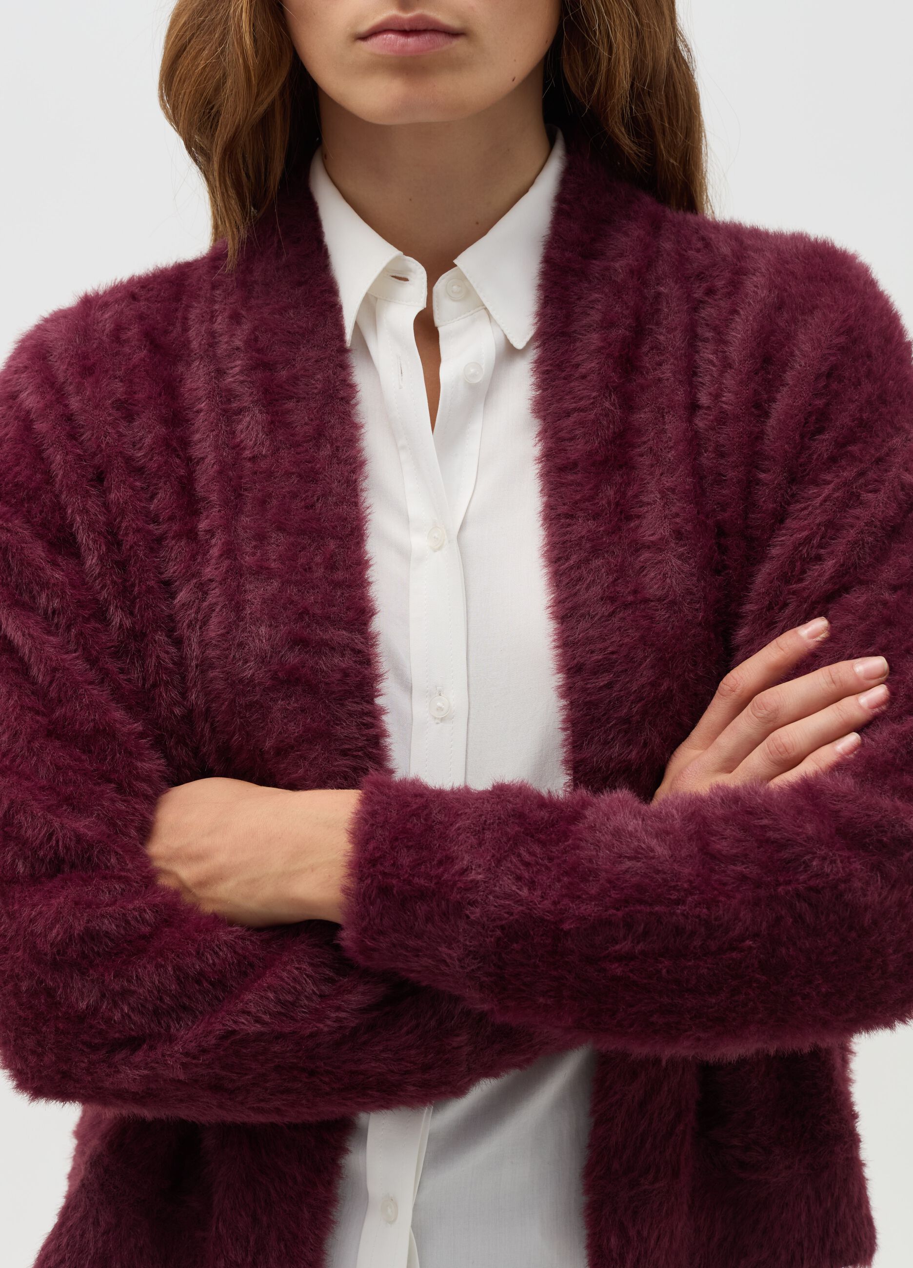 Open cardigan in furry yarn