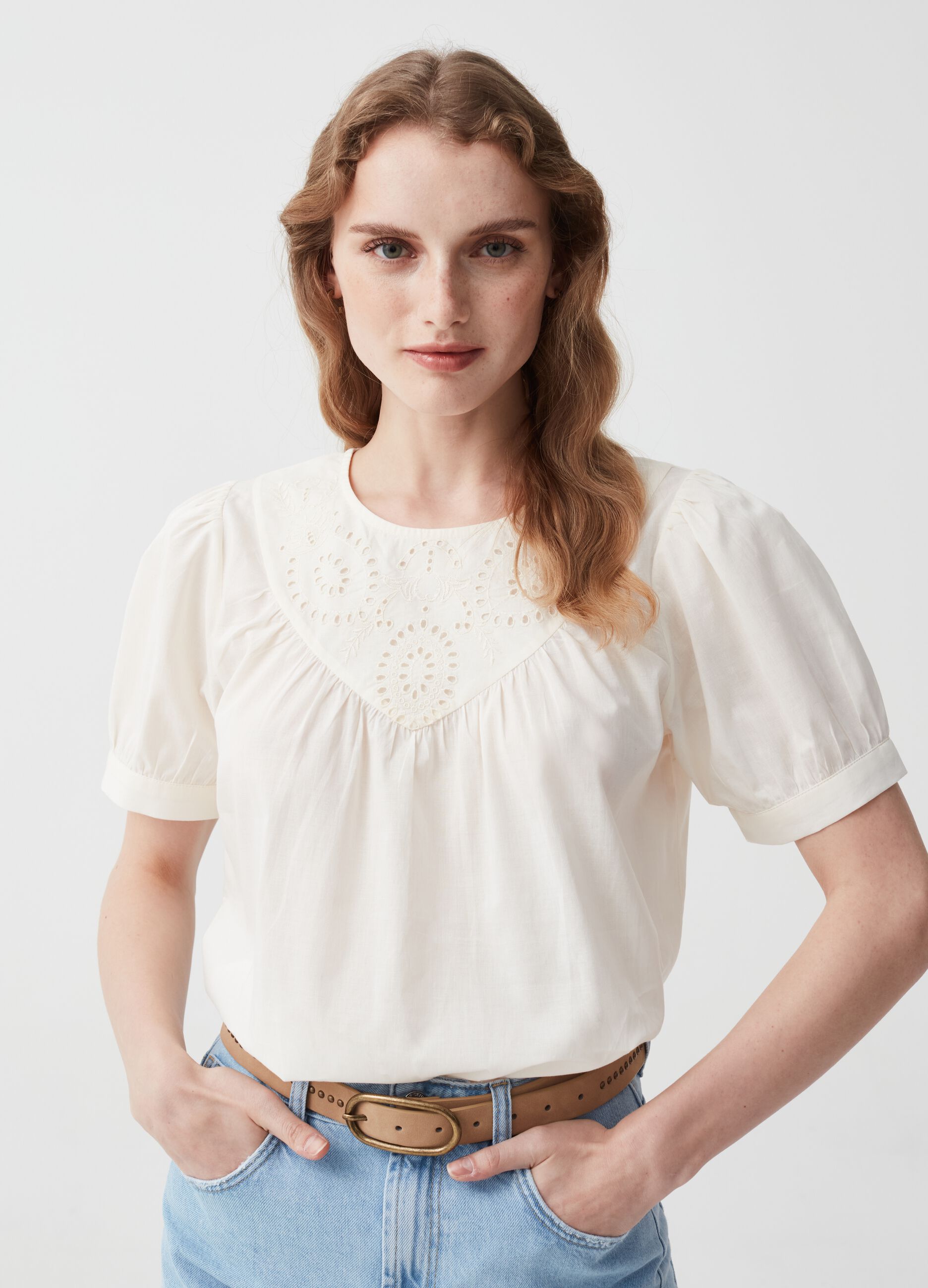 Ovs Blusa in cotone con inserto in sangallo