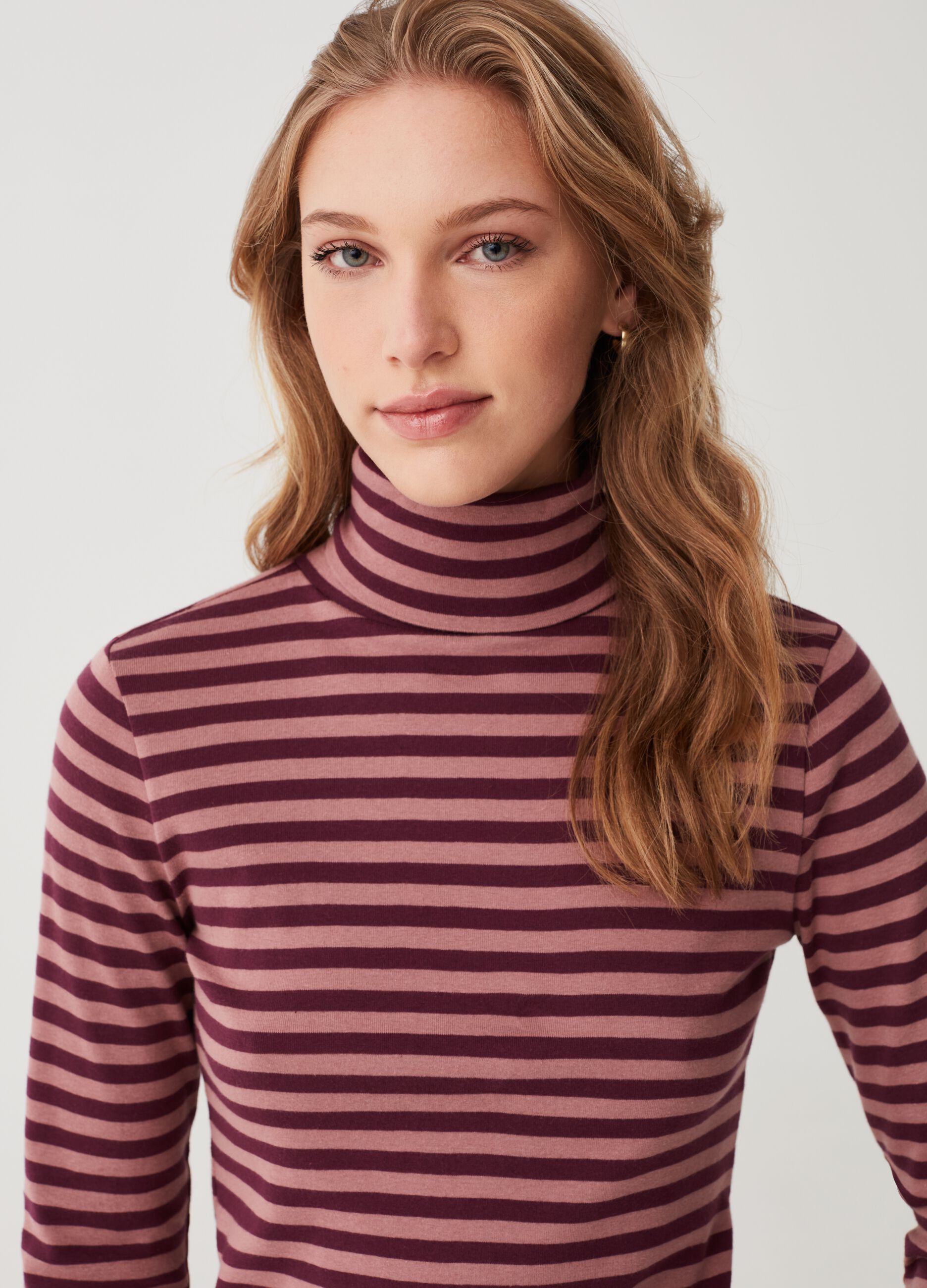 Striped T-shirt with high neck