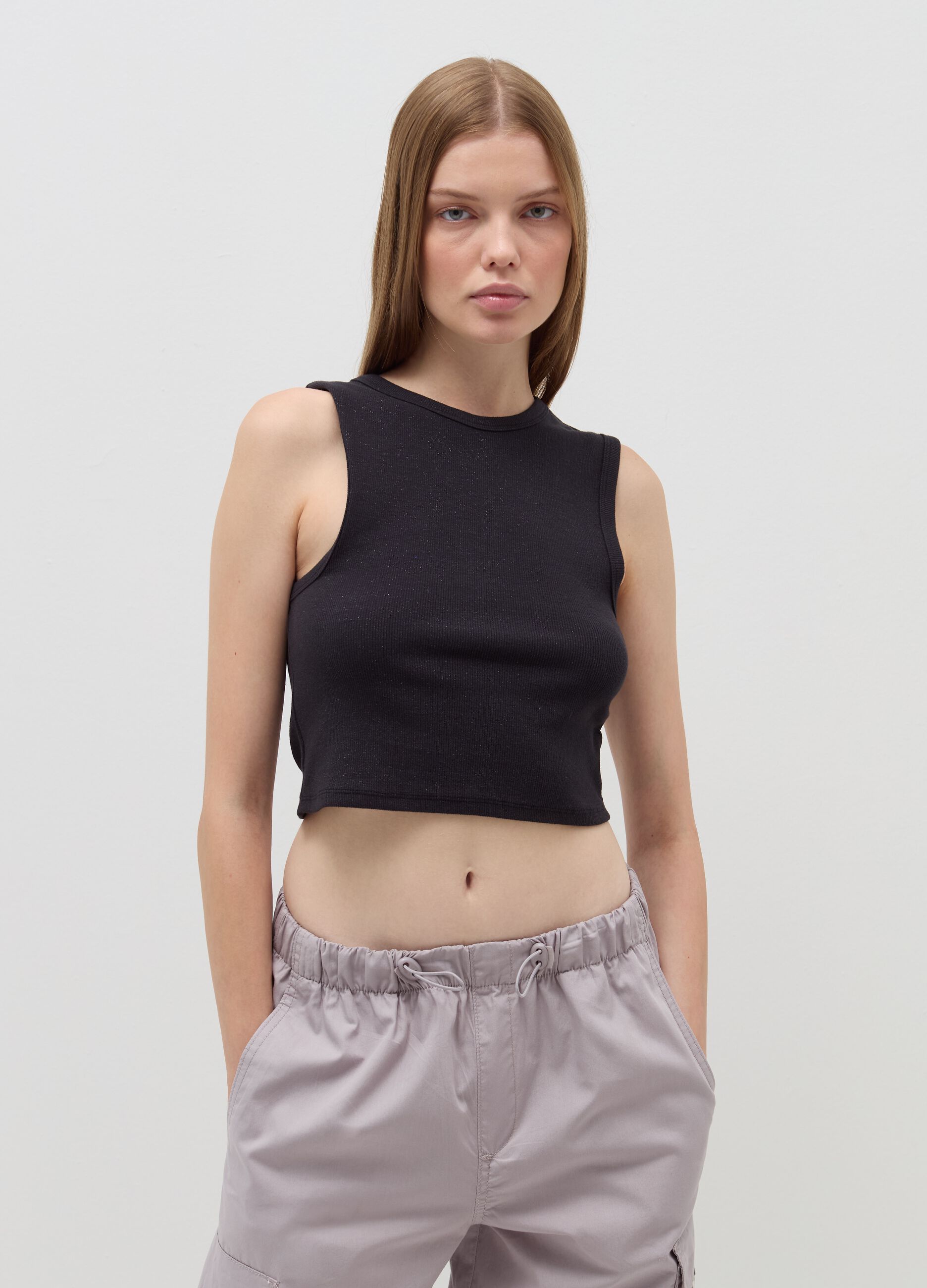 Ribbed crop tank top with lurex