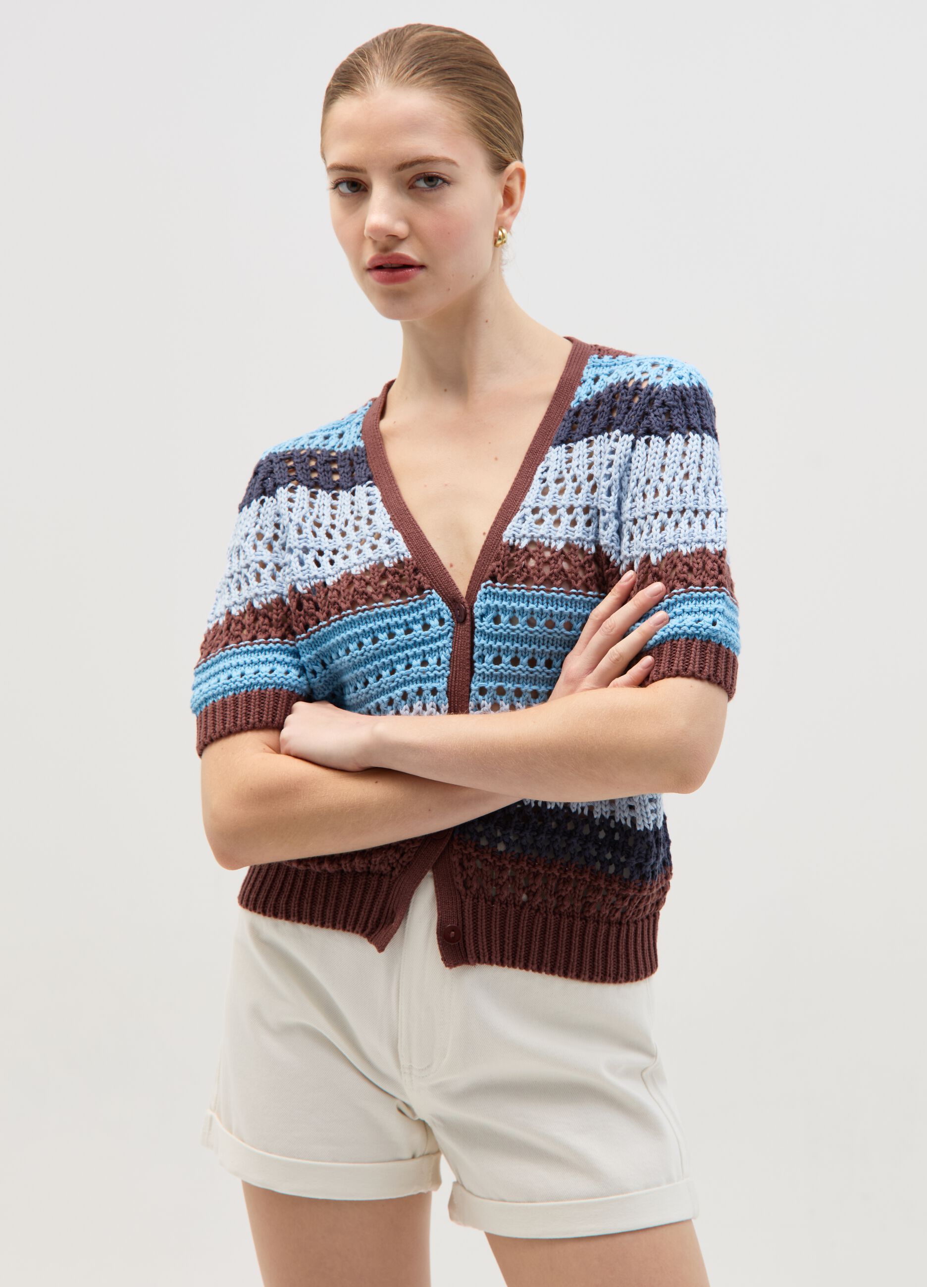 Striped crochet cardigan with short sleeves