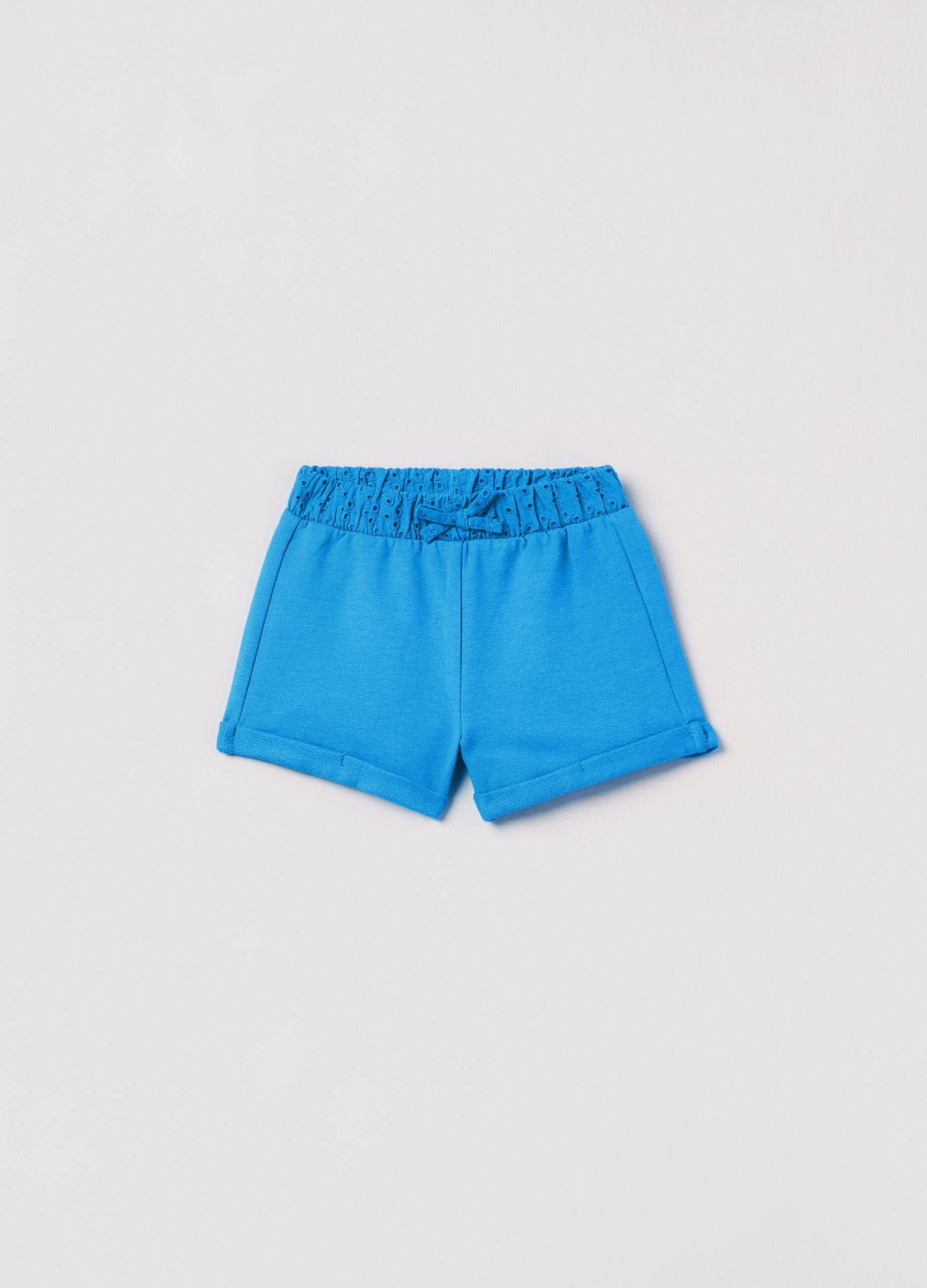 Shorts in French terry with broderie anglaise