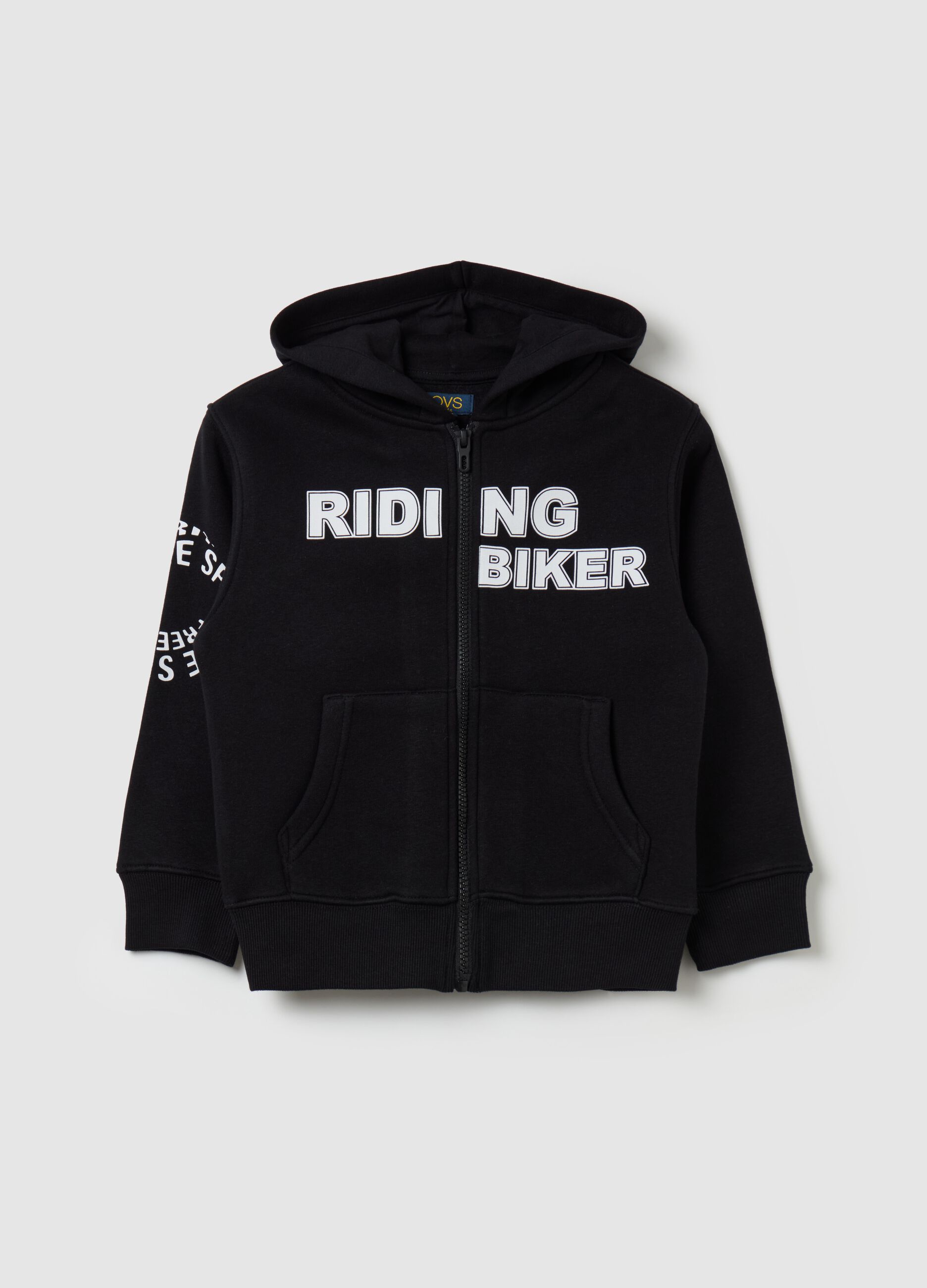 Full-zip sweatshirt with hood and "Riding Biker” print