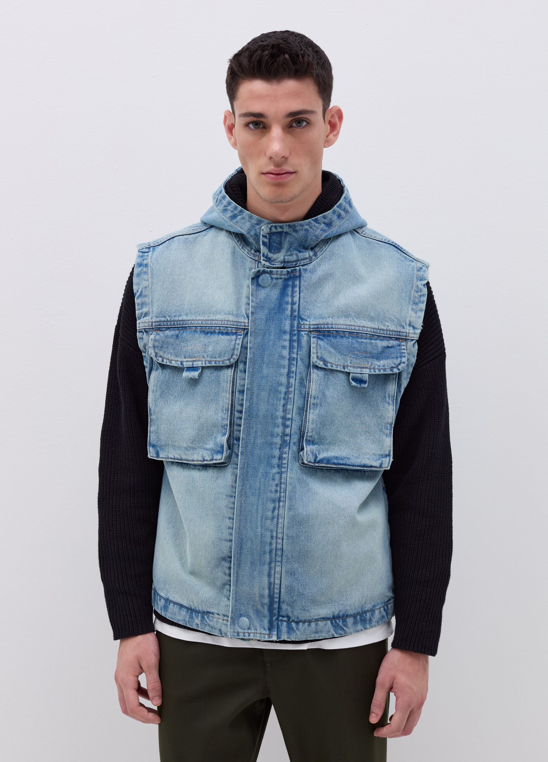 Denim gilet with hood