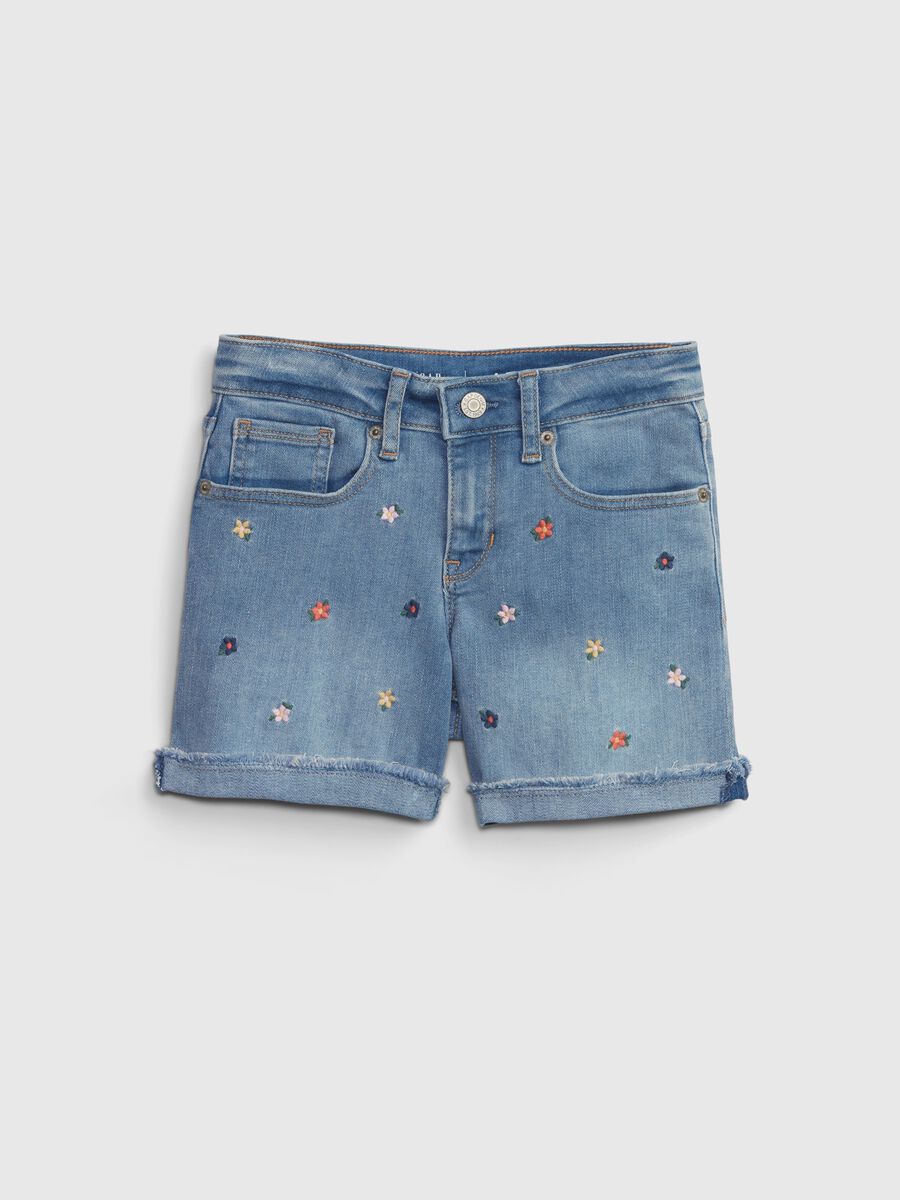 Denim shorts with flower embroidery_0