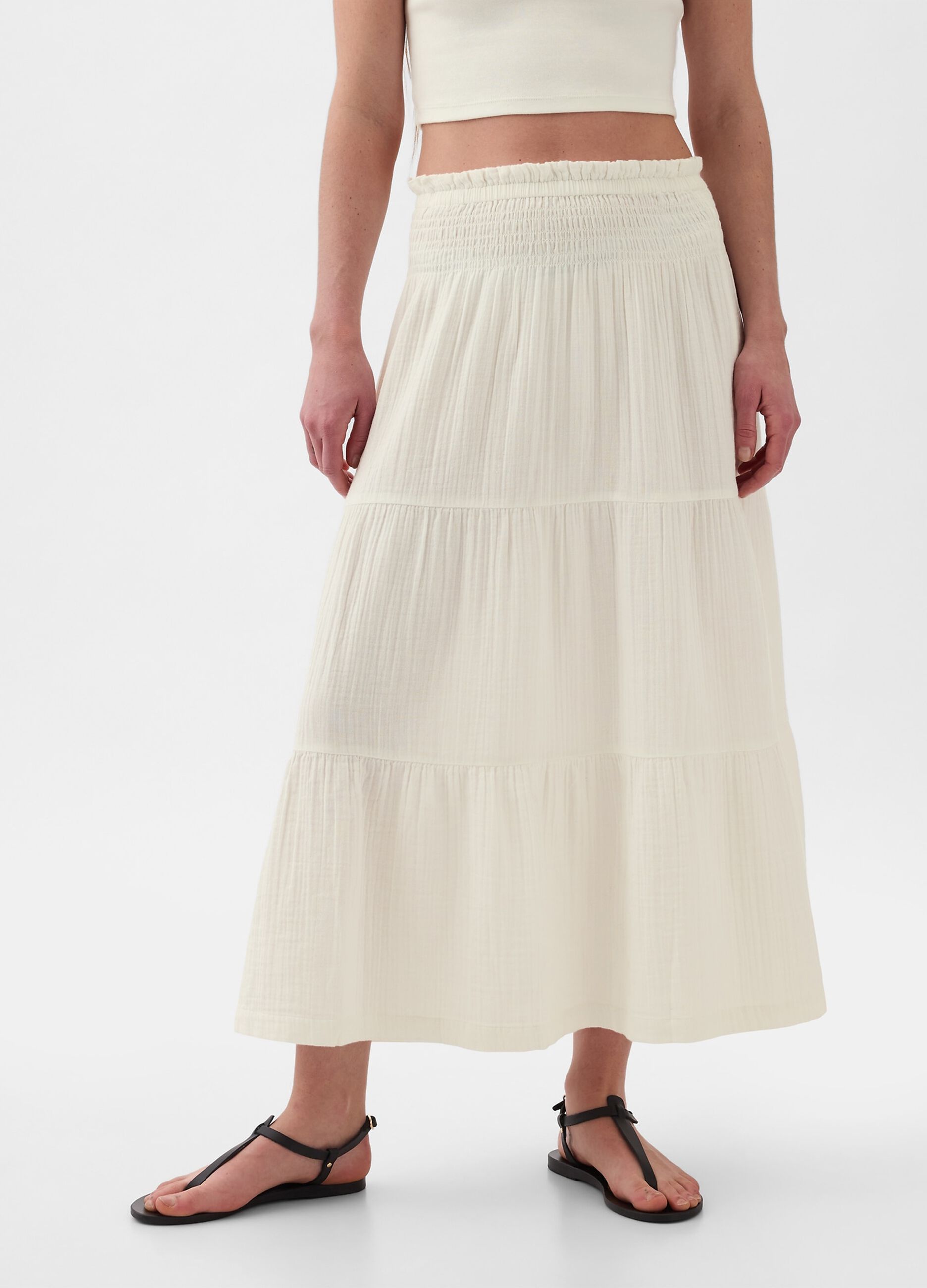Long tiered skirt with crinkle-effect gauze