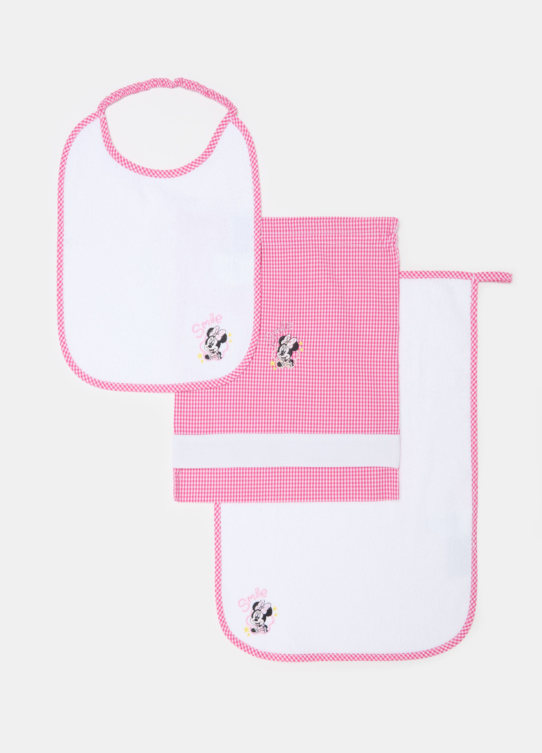 Baby bib and towel set with Minnie Mouse embroidery