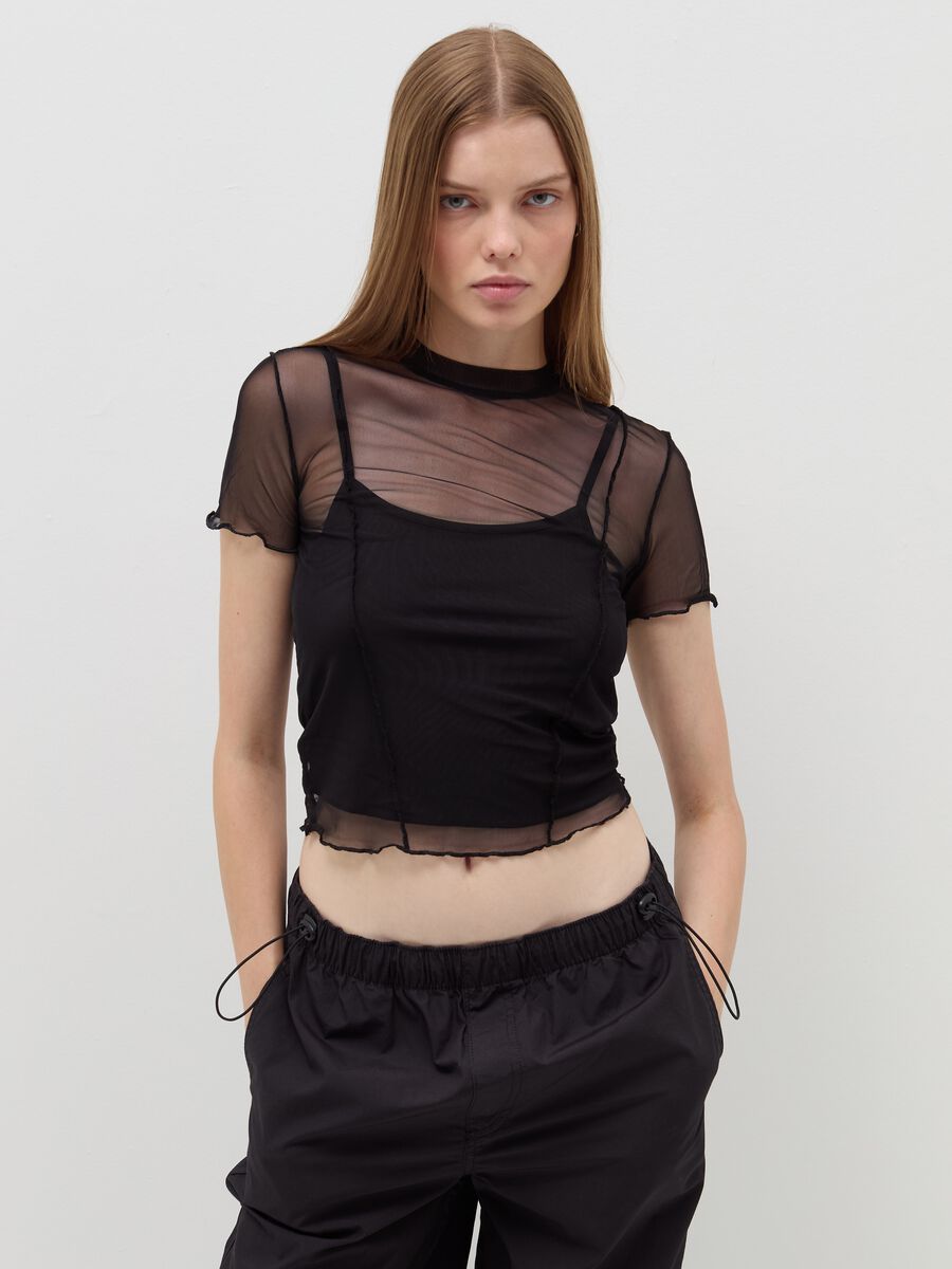 Crop T-shirt in mesh with wavy edging_2