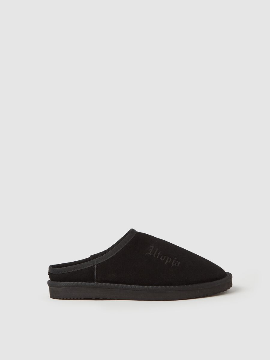 Suede Slippers with logo embroidery Black_0