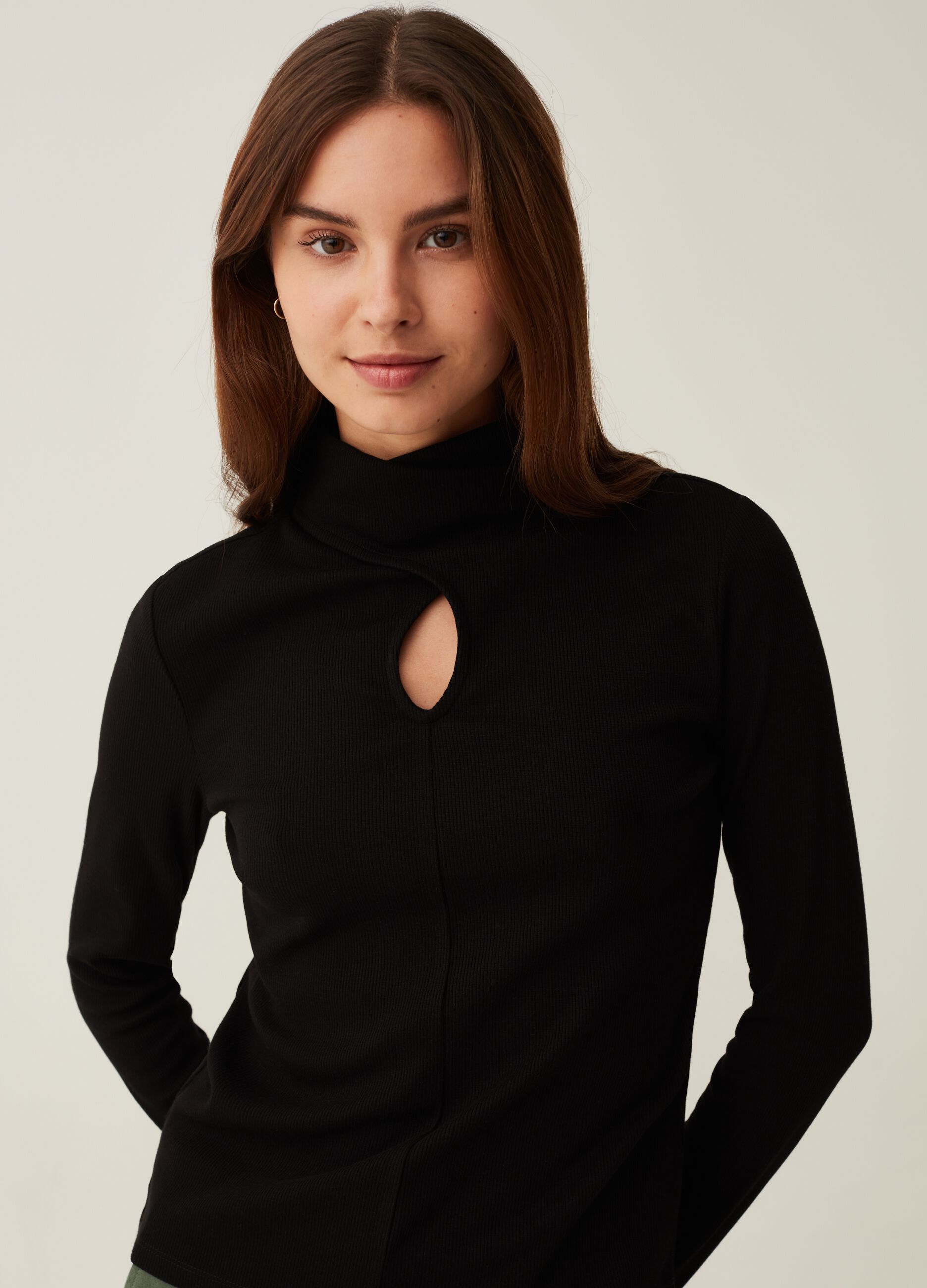 T-shirt with mock neck and cut-out detail