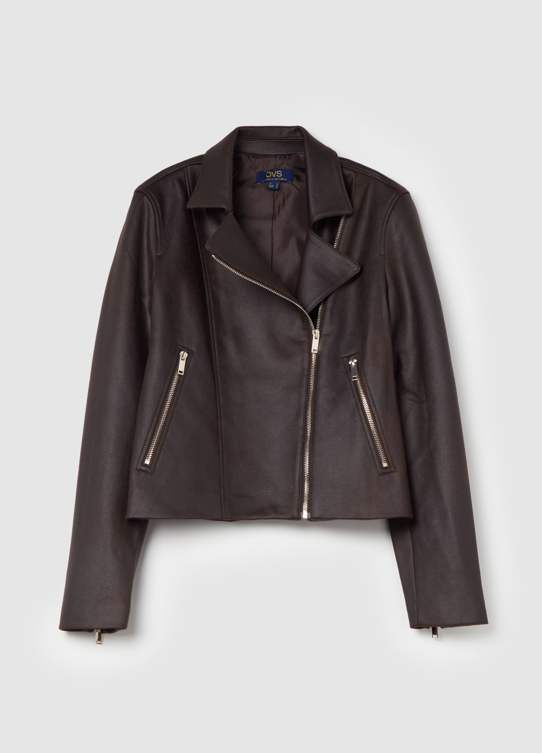 Glossy-effect biker jacket with zip