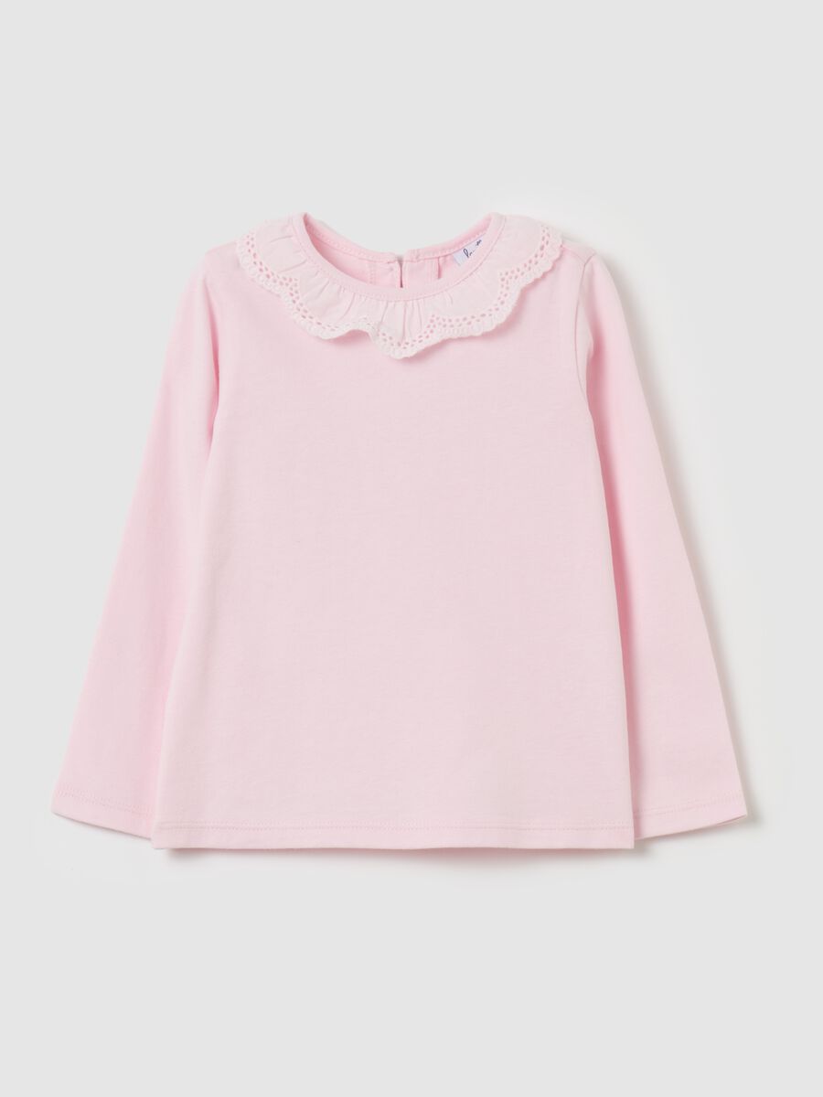 Long-sleeved T-shirt with broderie anglaise collar_0