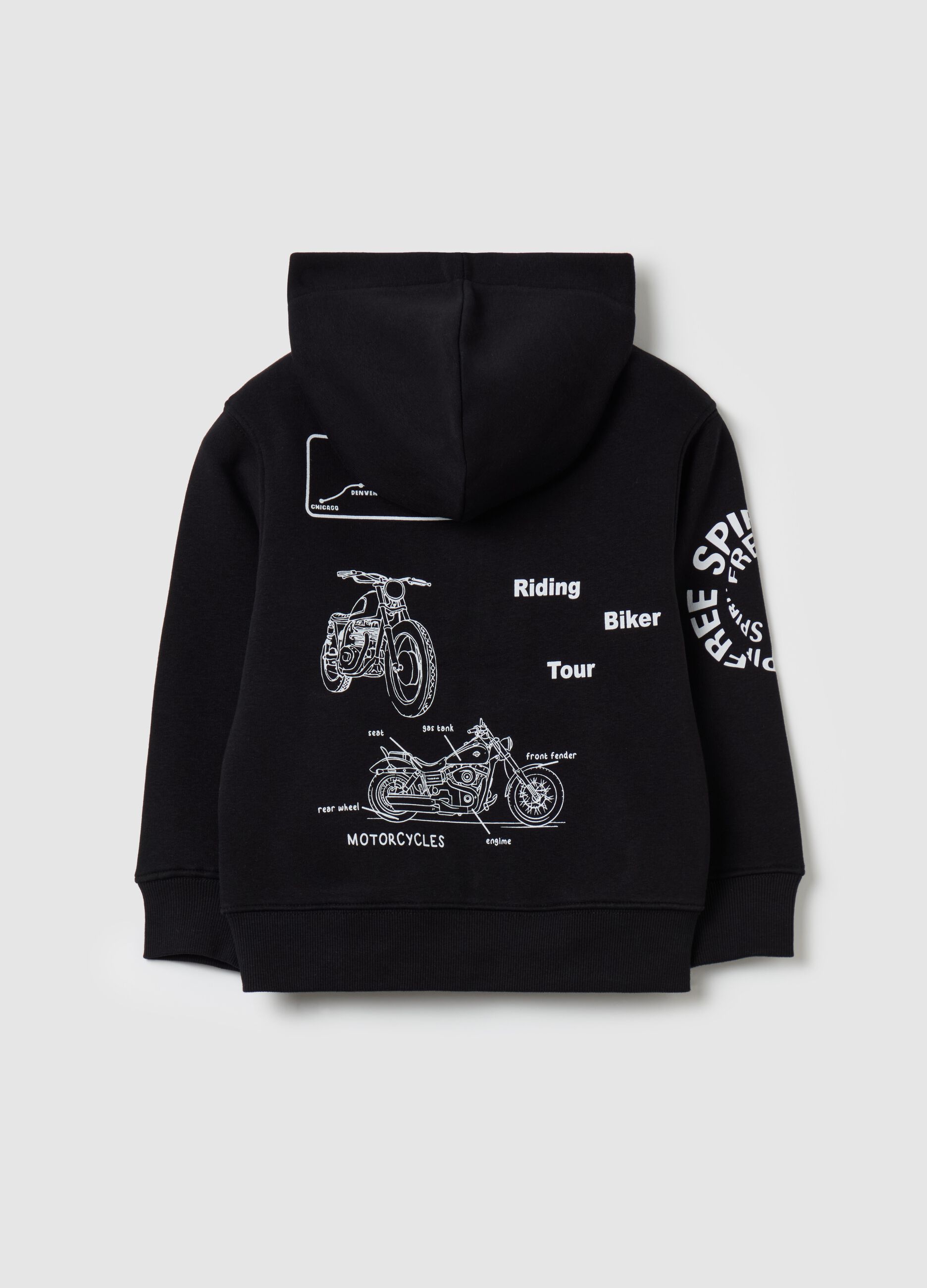 Full-zip sweatshirt with hood and "Riding Biker” print