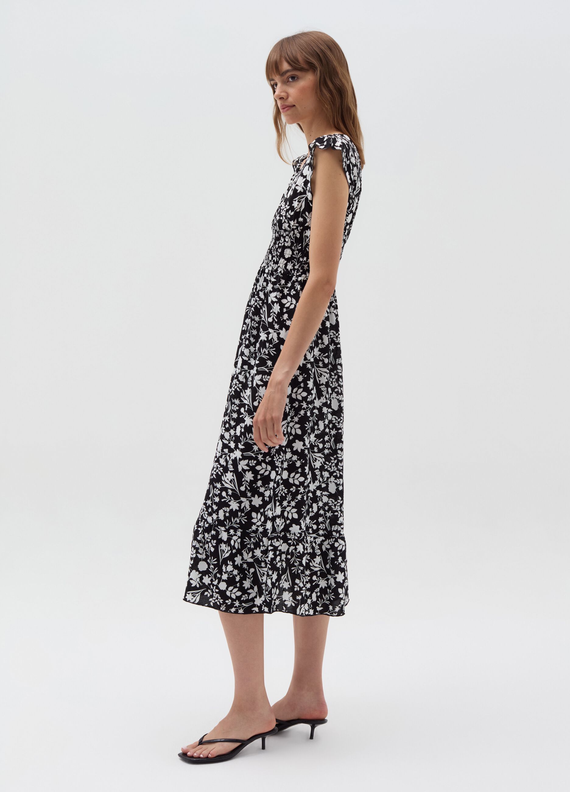 Long floral dress with smock stitch