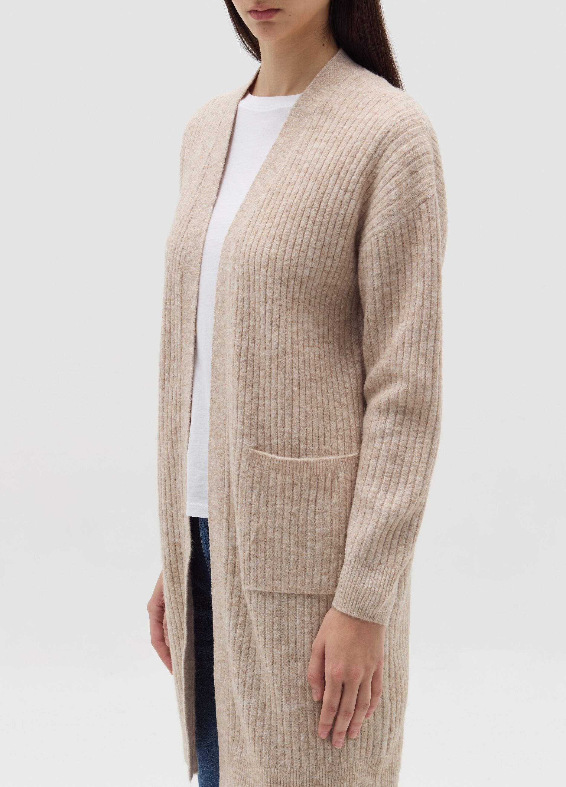 Long ribbed open cardigan