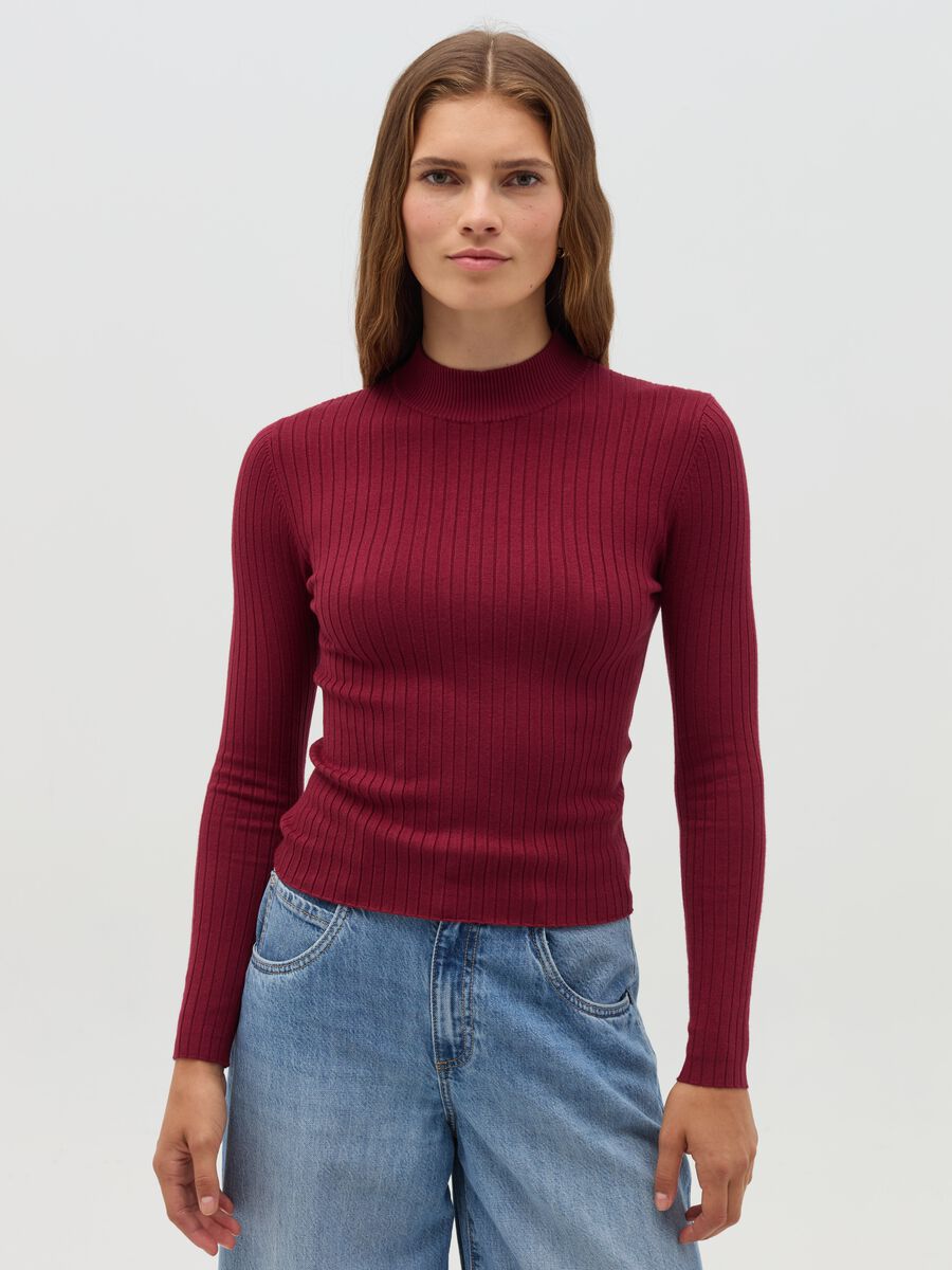 Ribbed knit pullover with mock neck_1