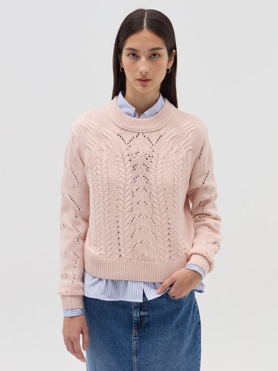 Cropped pointelle pullover with cable-knit design_1