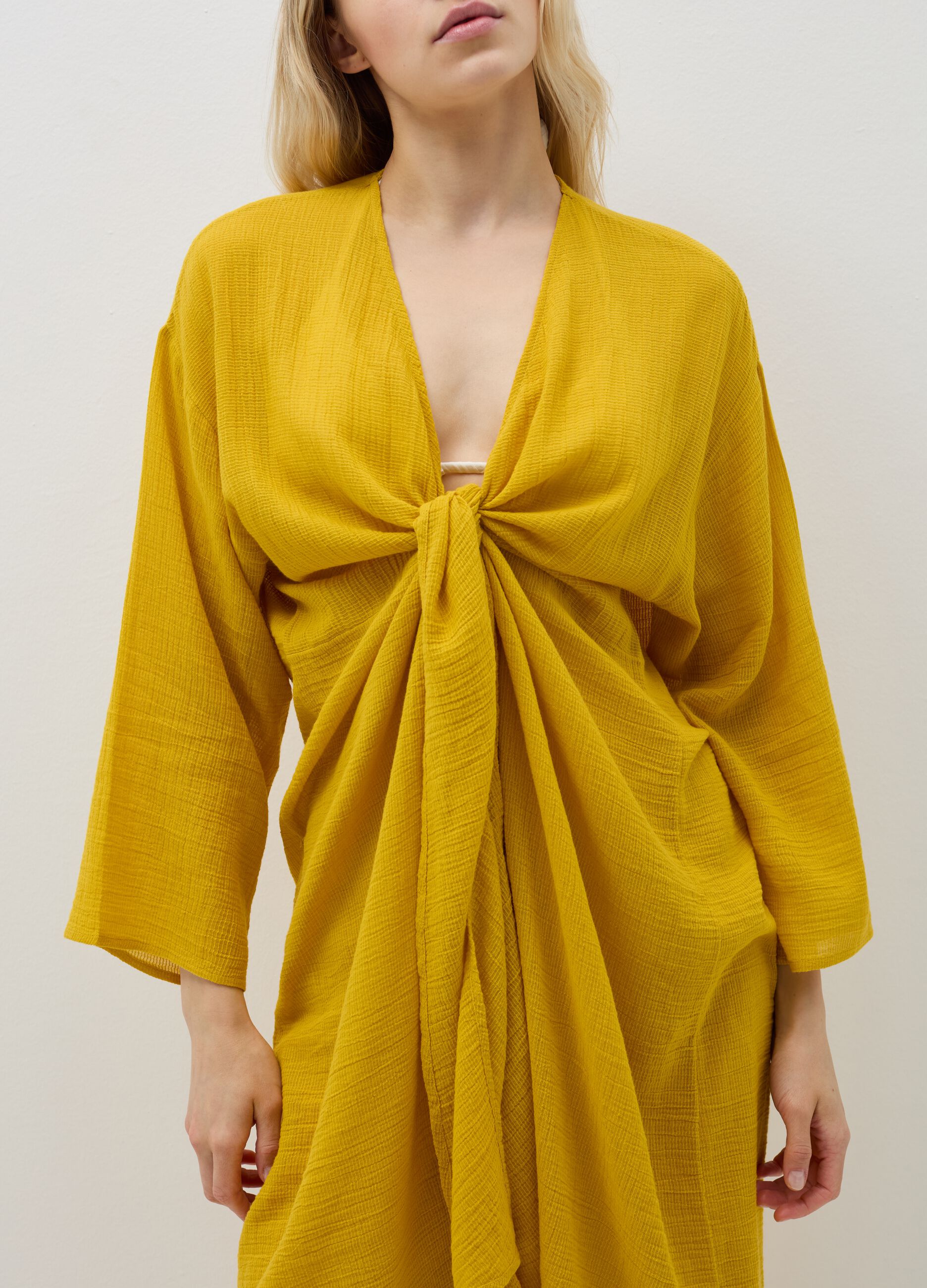 Beach cover-up kimono with V neck and knot