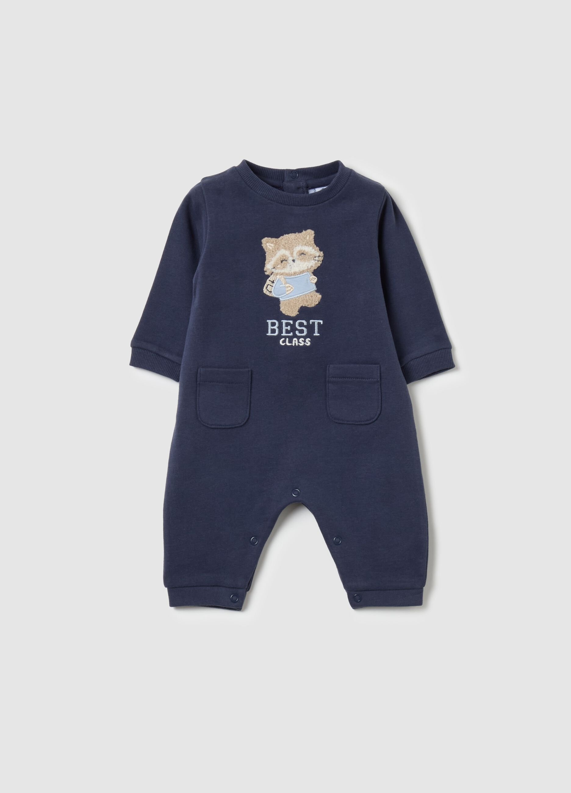 Organic cotton onesie with raccoon embroidery