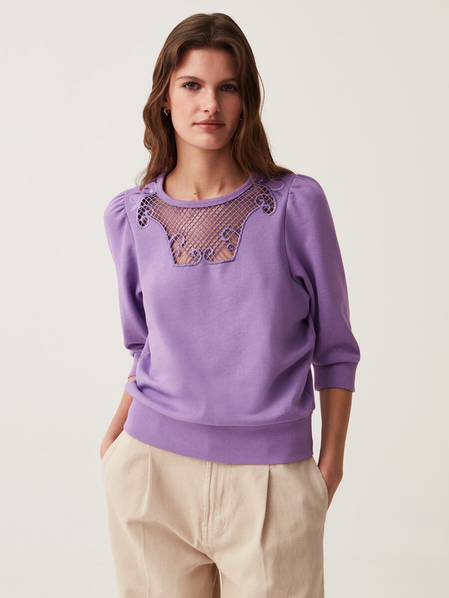 Round-neck sweatshirt with crochet insert_0