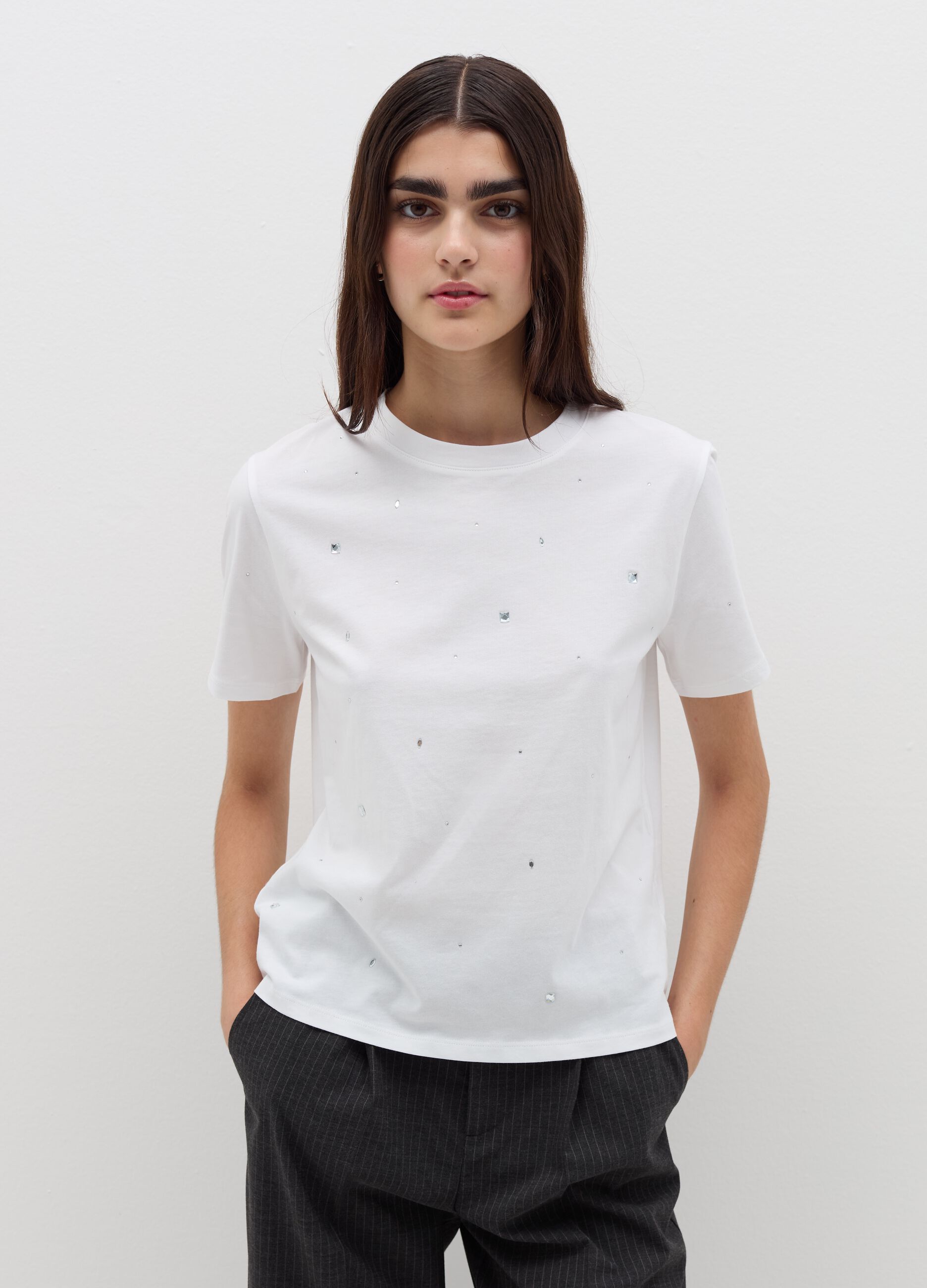 Cotton T-shirt with diamanté motifs