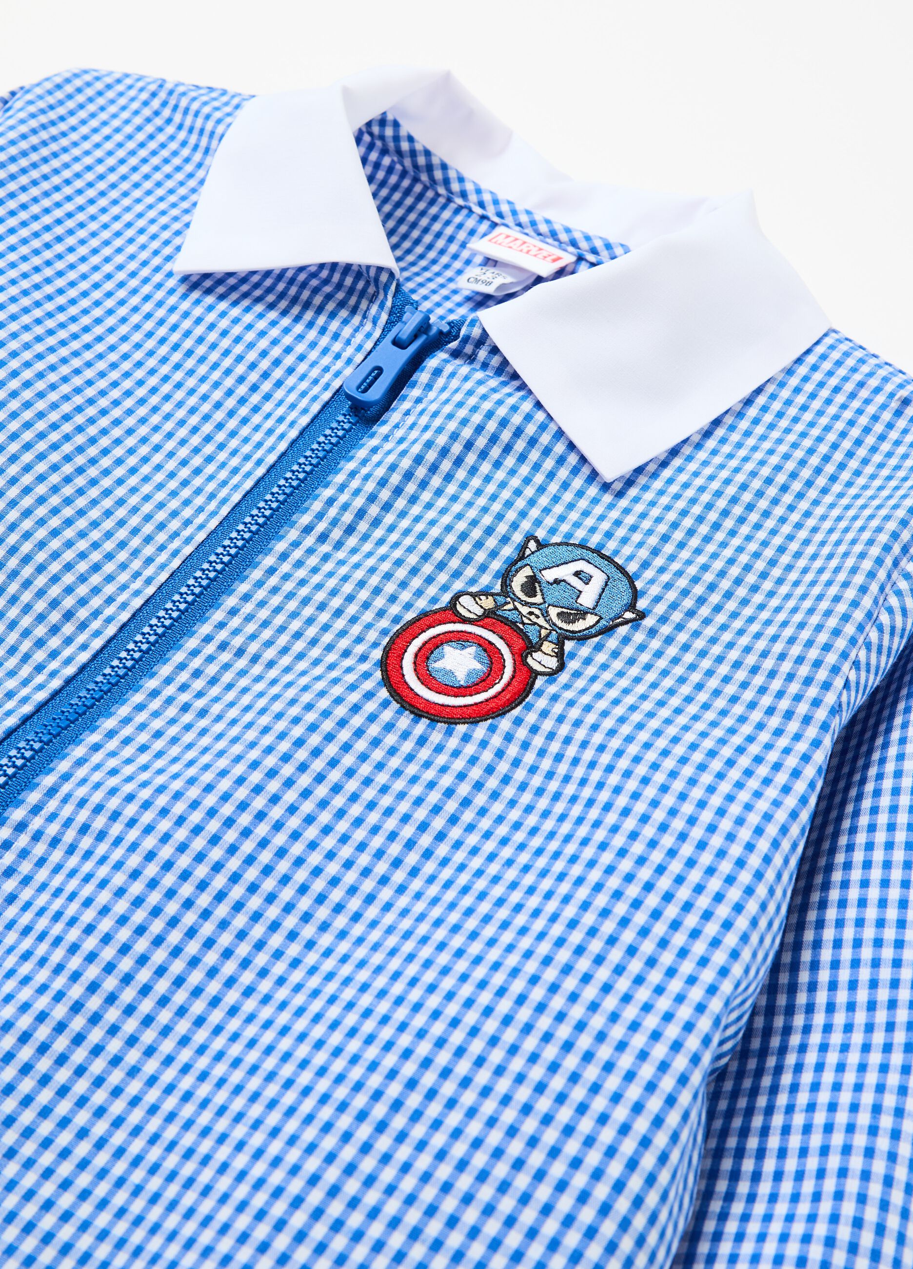 Gingham smock with zip and Captain America patch