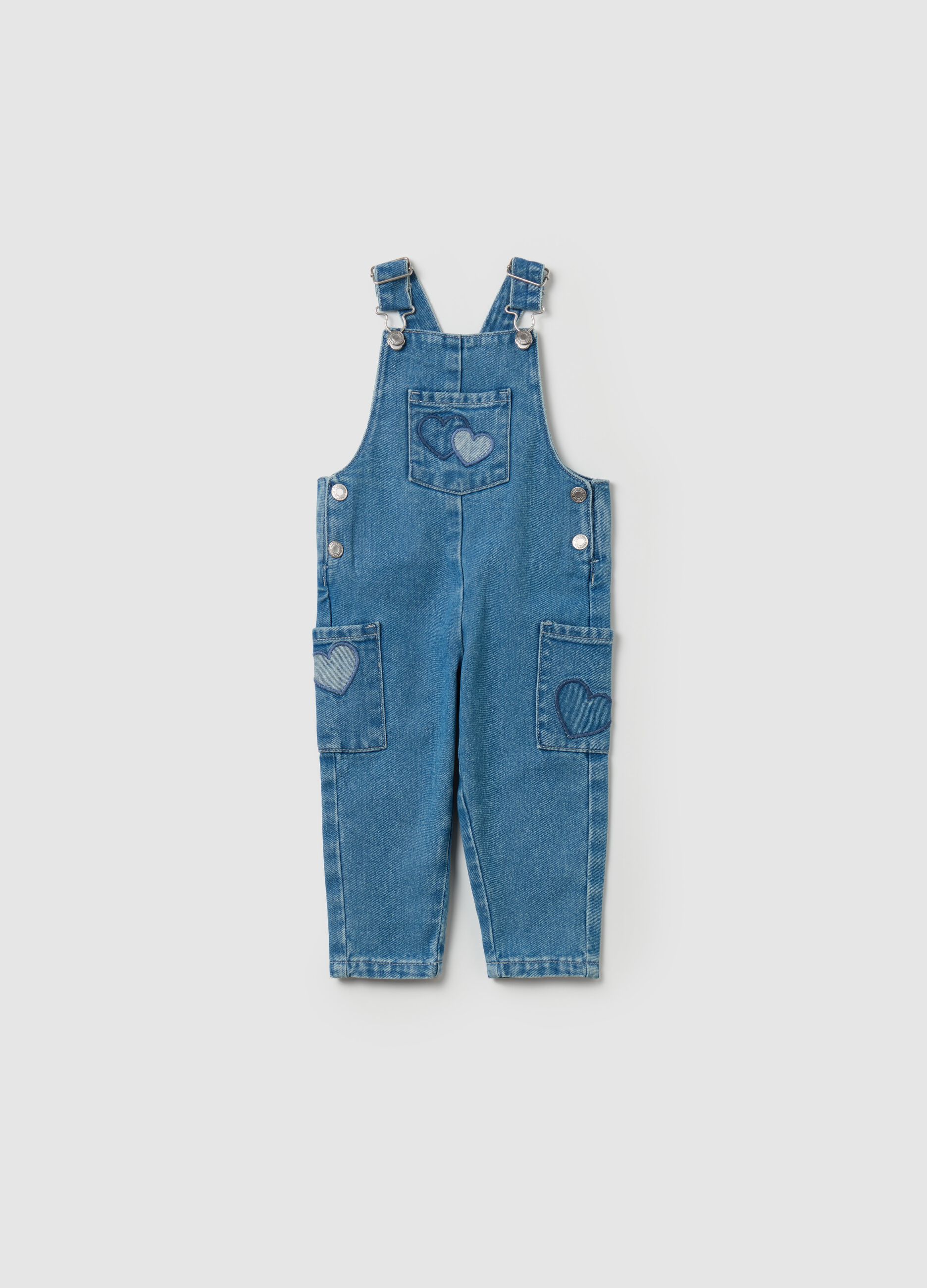 Denim dungarees with hearts embroidery and patch