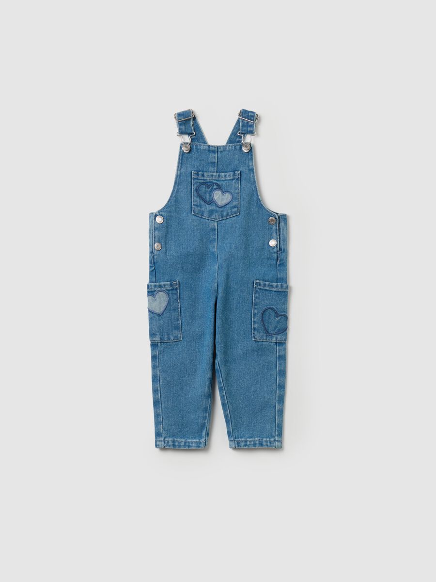 Denim dungarees with hearts embroidery and patch_0