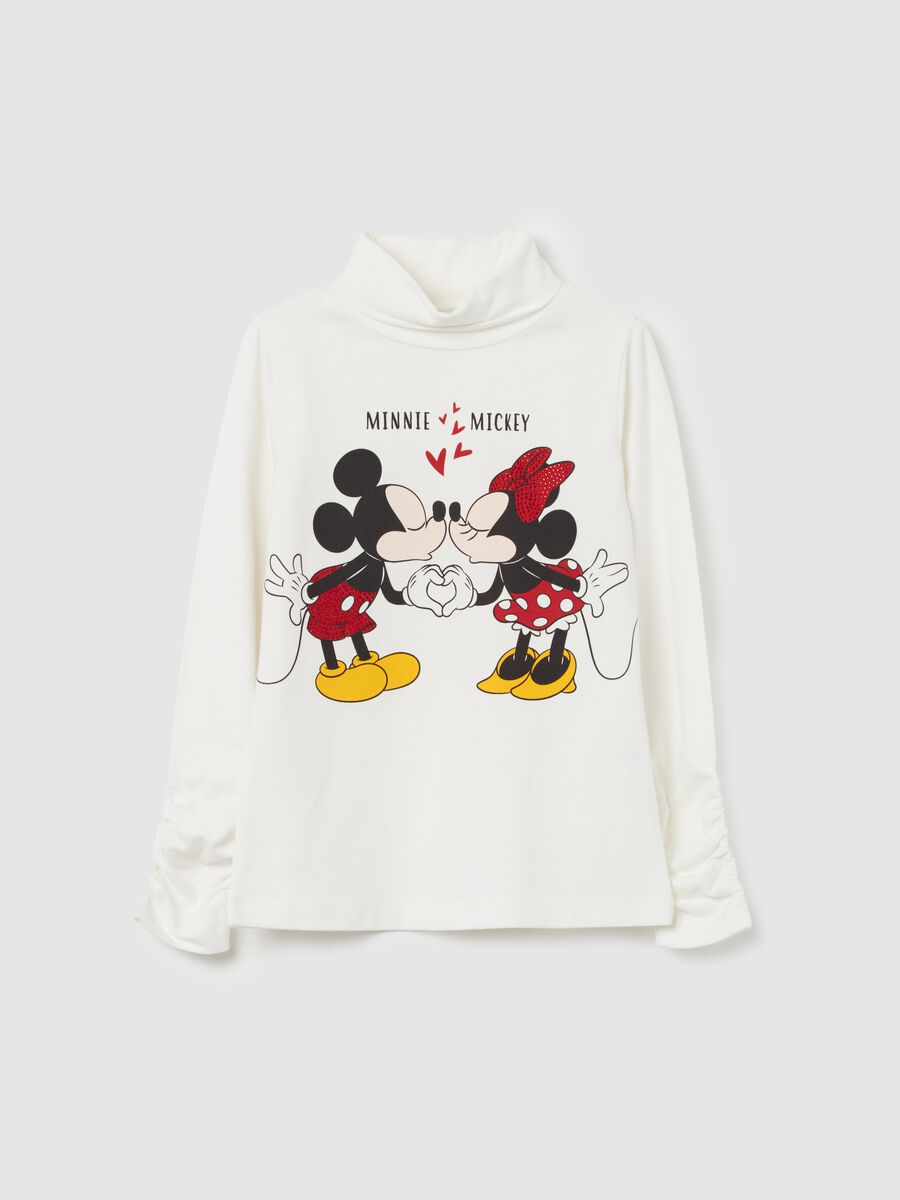 T-shirt with high neck and Minnie and Mickey Mouse print_0