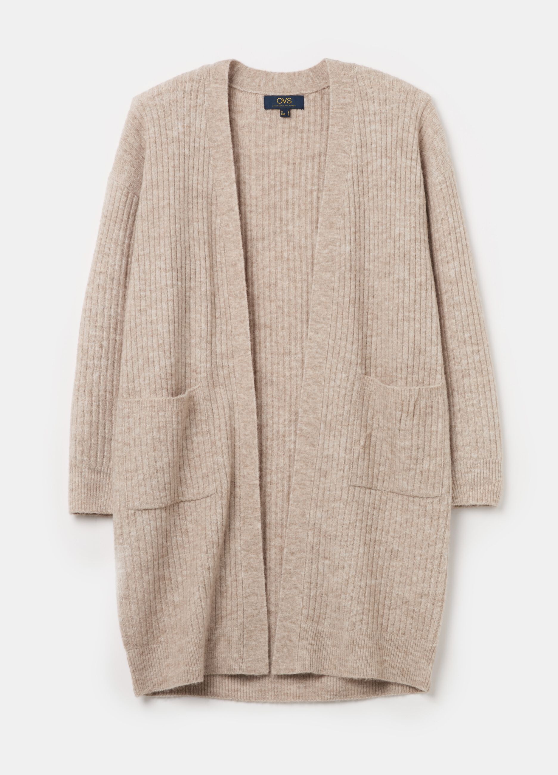 Long ribbed open cardigan