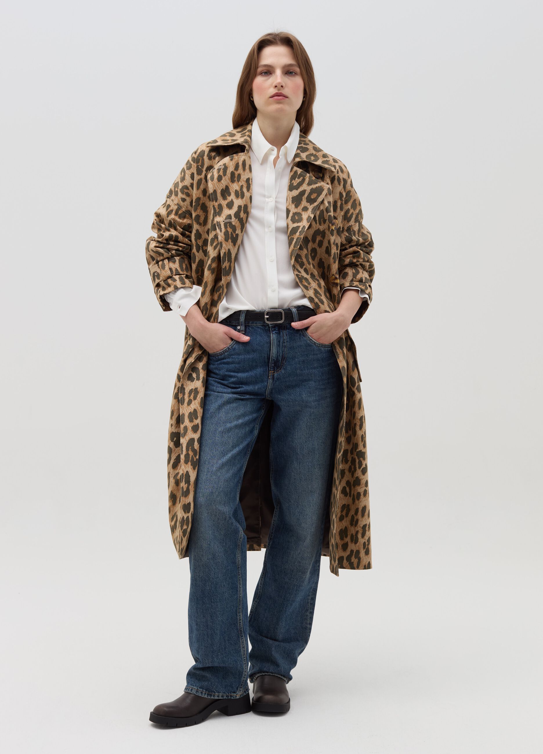 Double-breasted trench coat with animal print