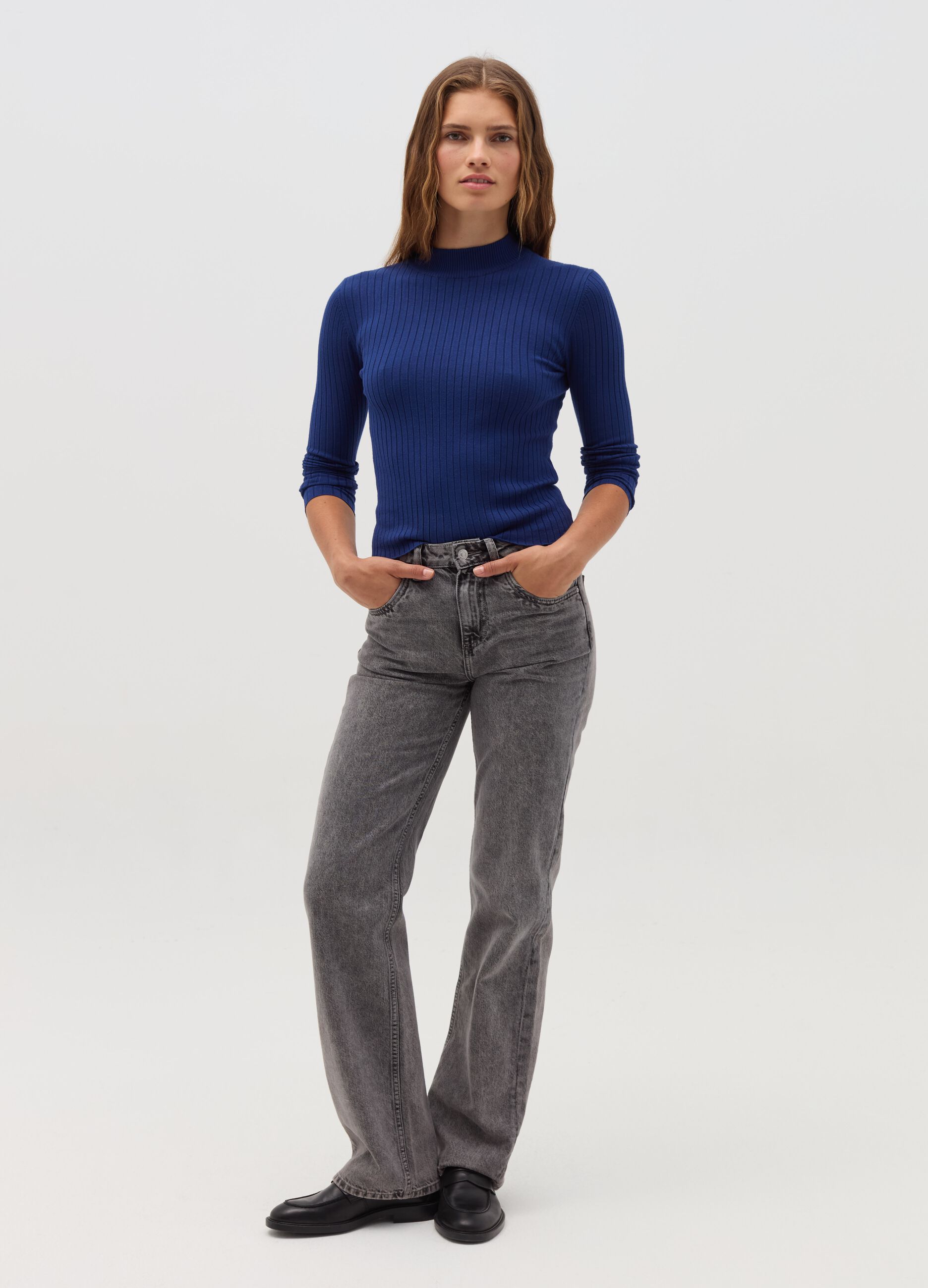 Ribbed knit pullover with mock neck