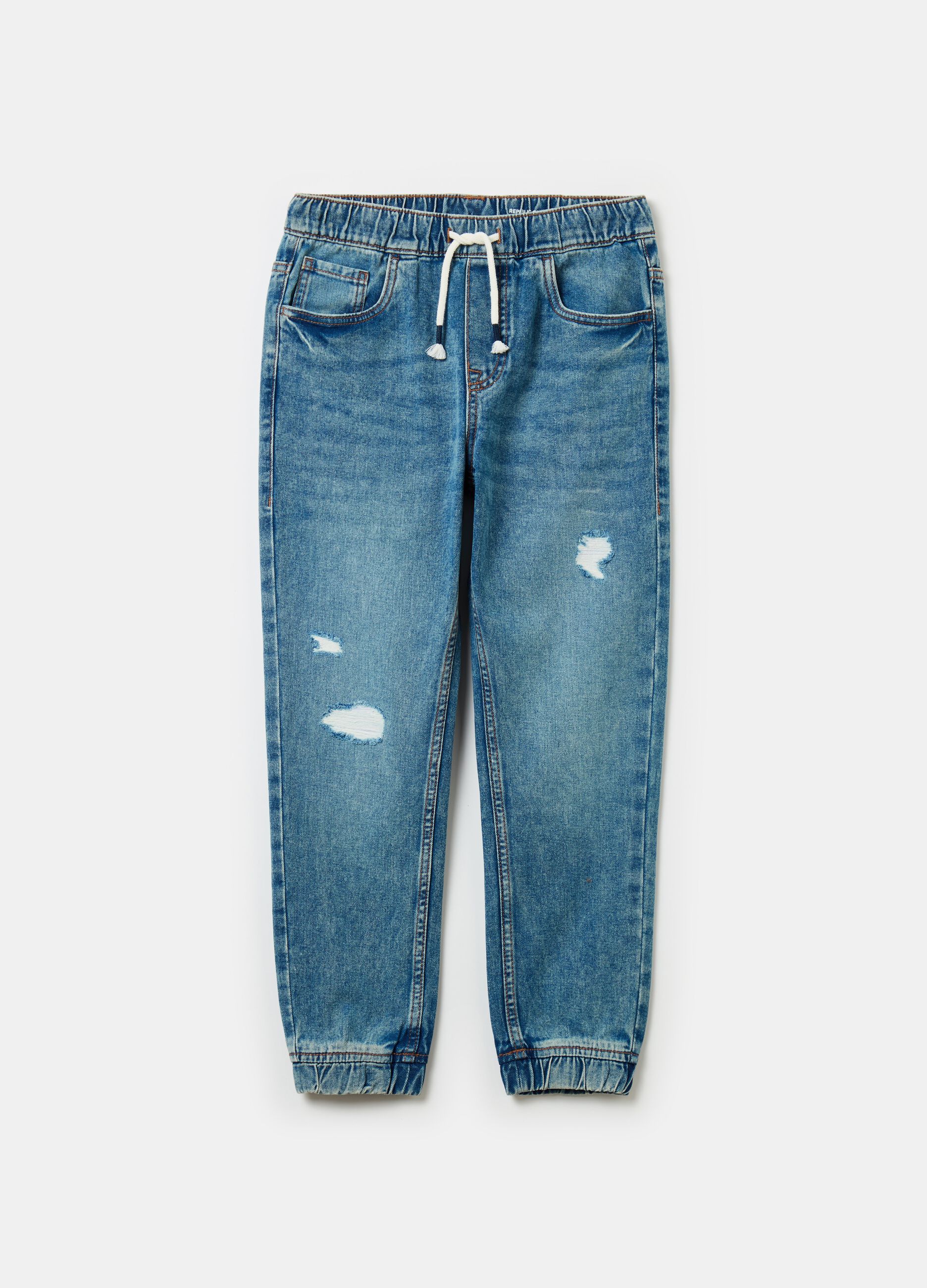 Denim joggers with drawstring and abrasions