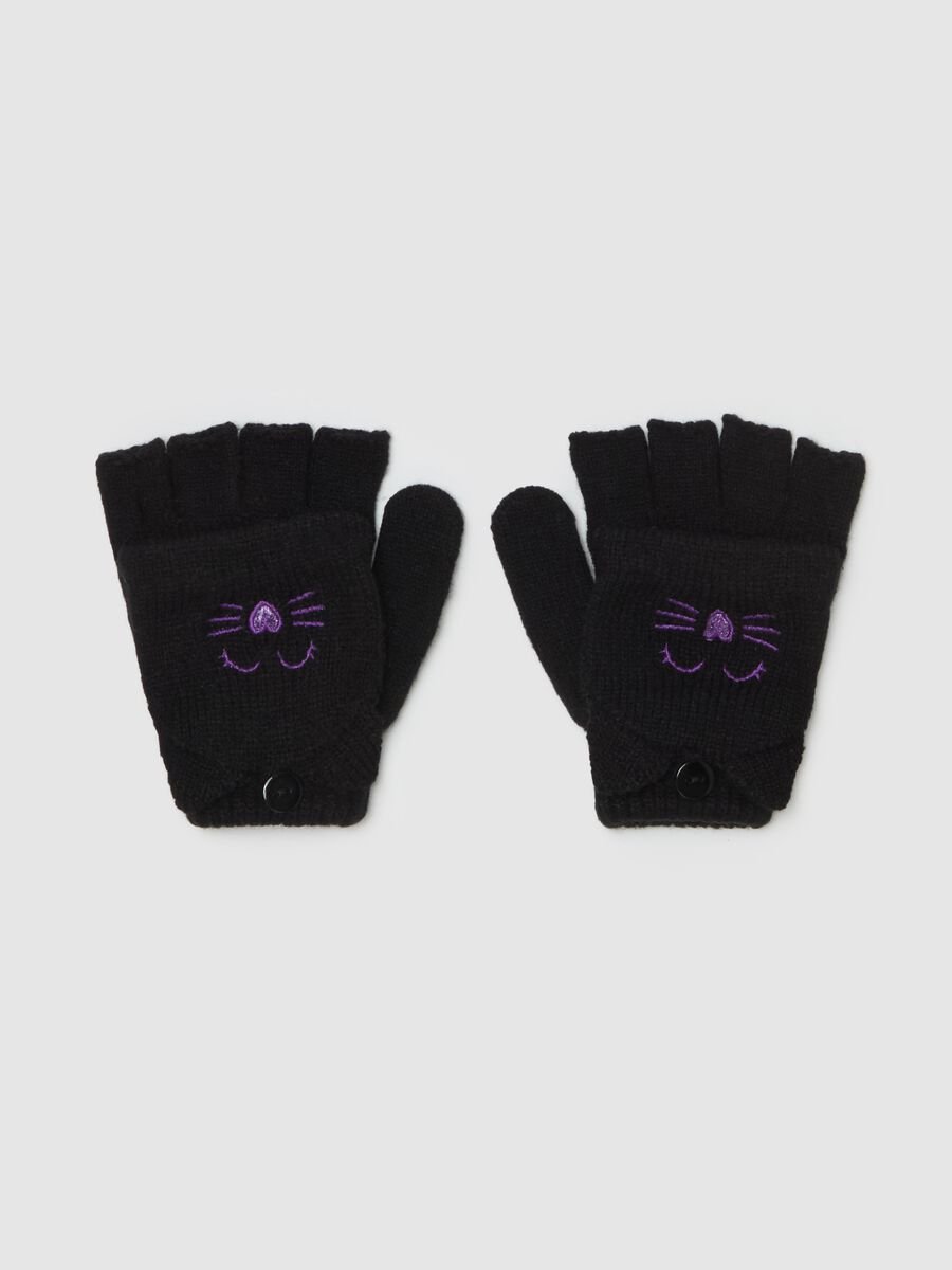 Half-finger gloves with kitten embroidery_0