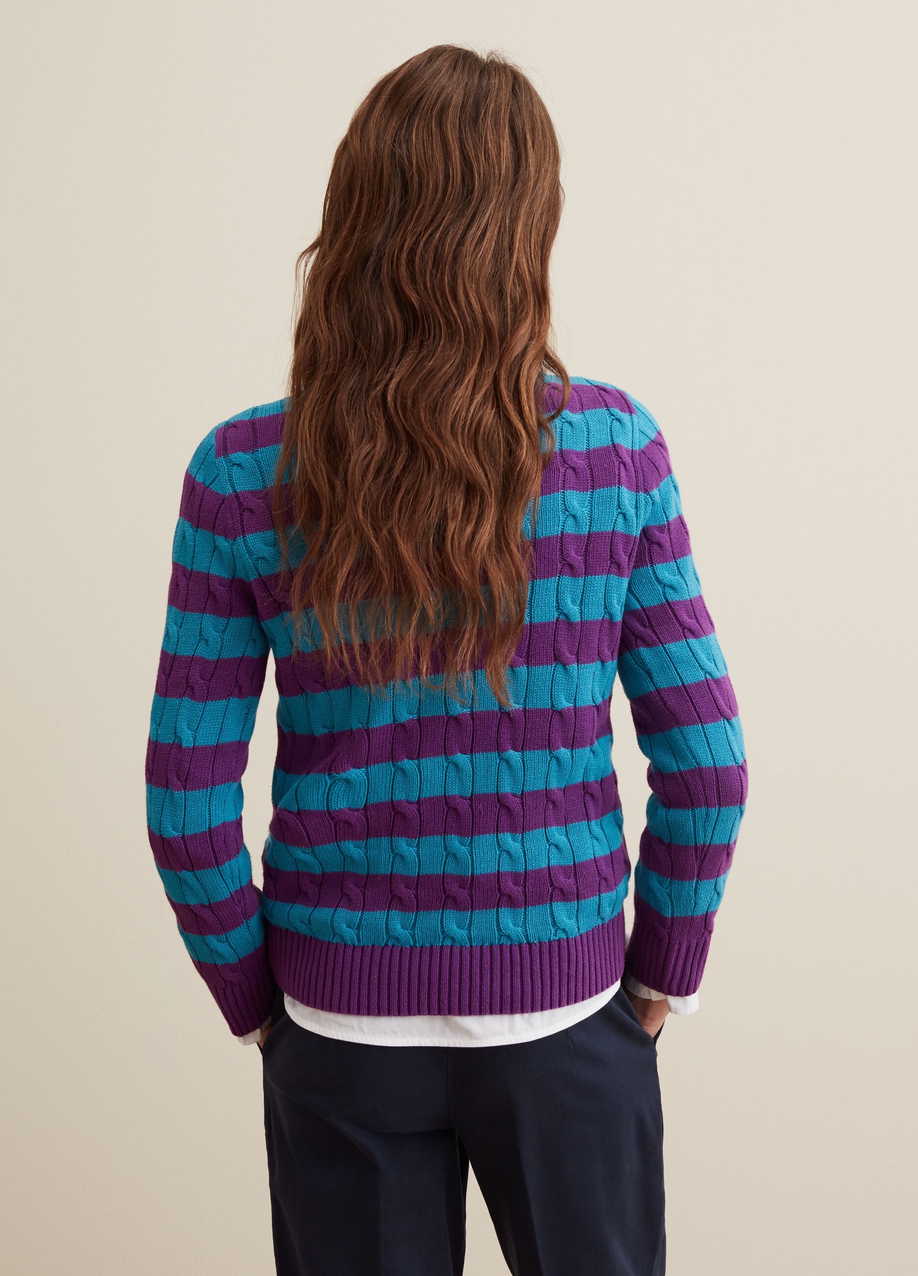 Striped pullover with cable-knit design