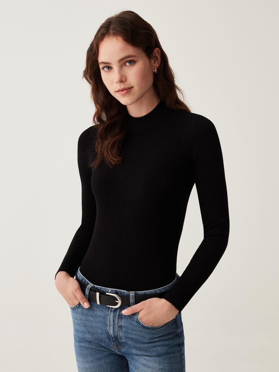 Mock neck pullover with flat ribbing_0