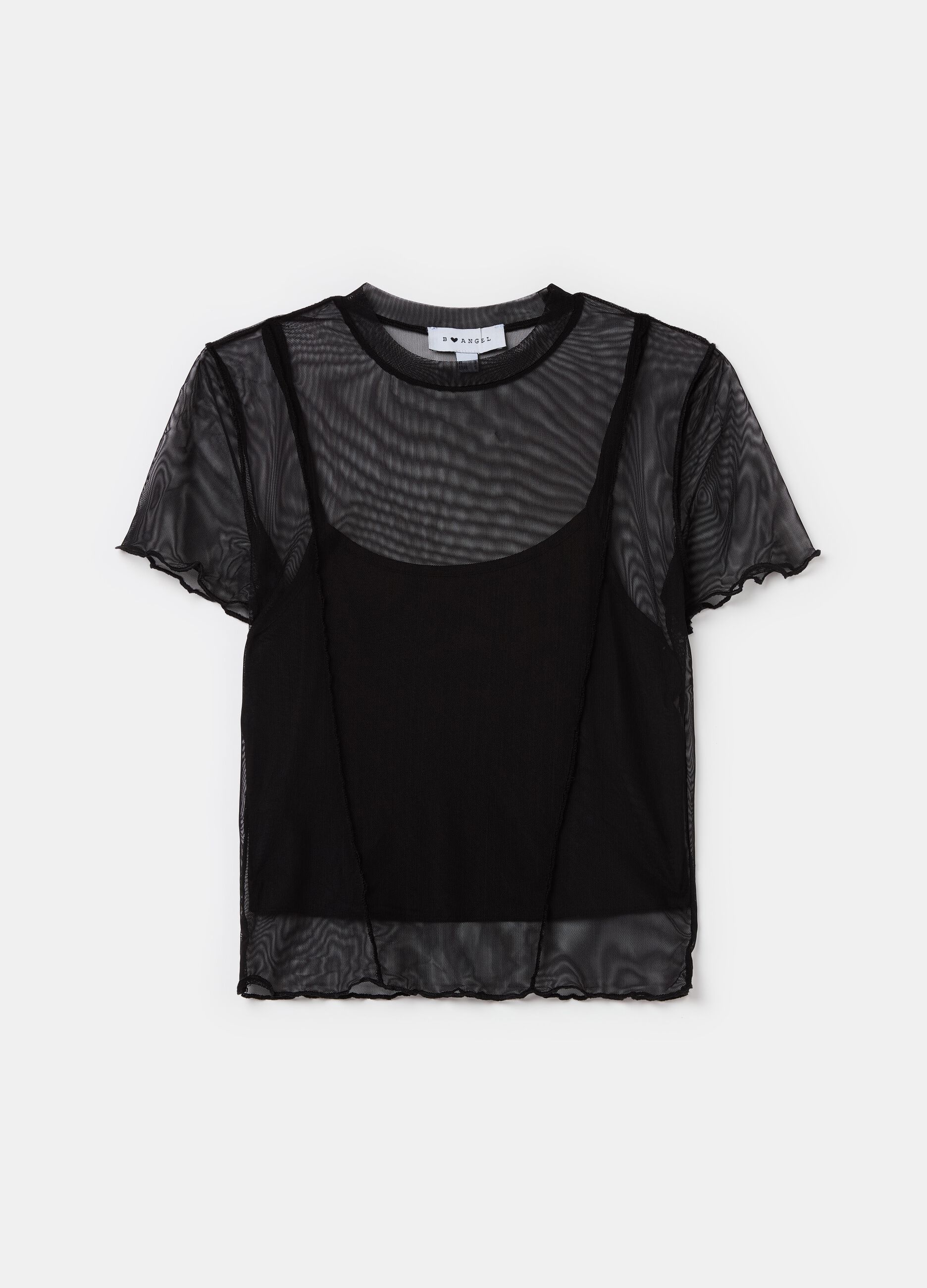 Crop T-shirt in mesh with wavy edging