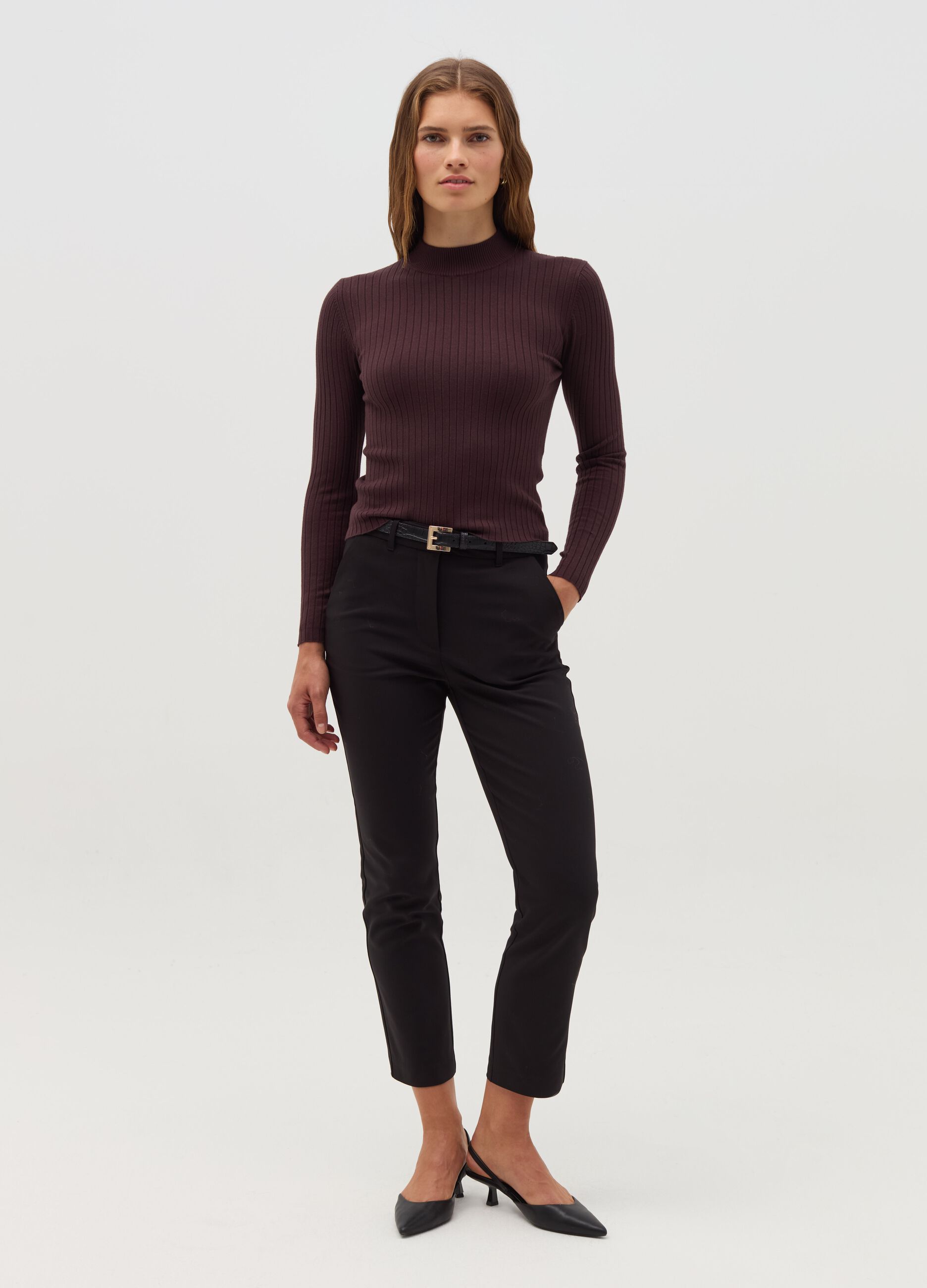 Ribbed knit pullover with mock neck