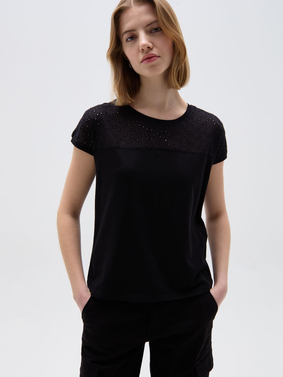 Cotton T-shirt with broderie anglaise_1