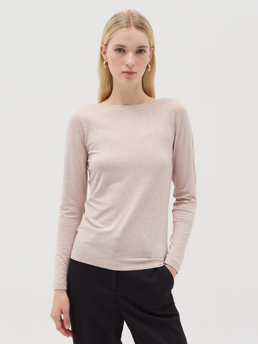 Stretch viscose T-shirt with boat neck_1