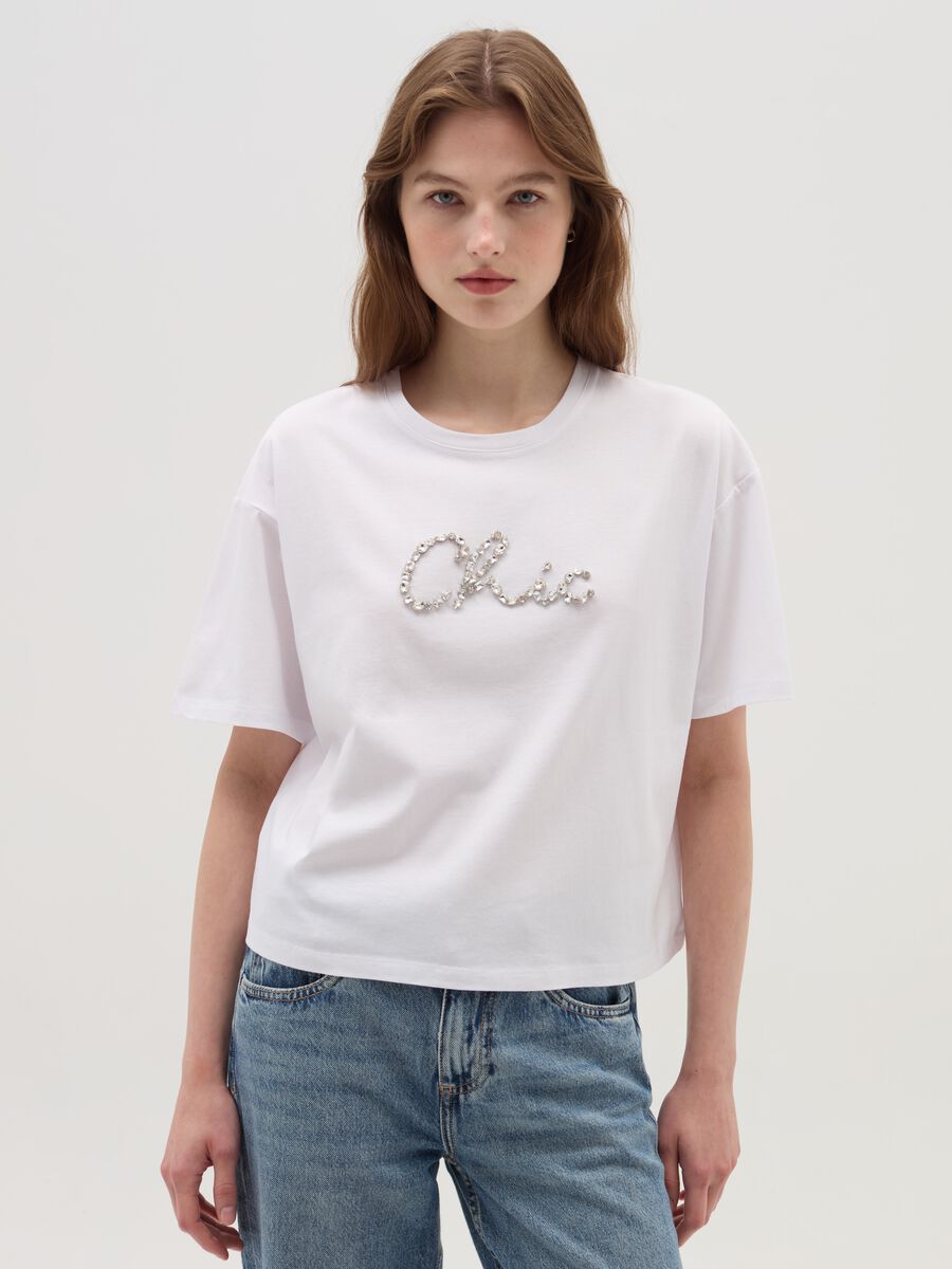 Boxy-fit T-shirt in cotton with gems_1