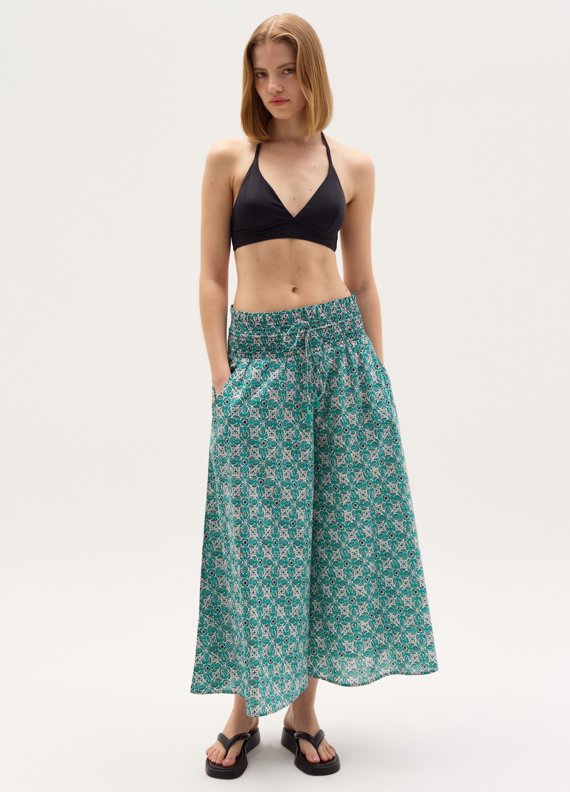 Midi skirt with drawstring and print