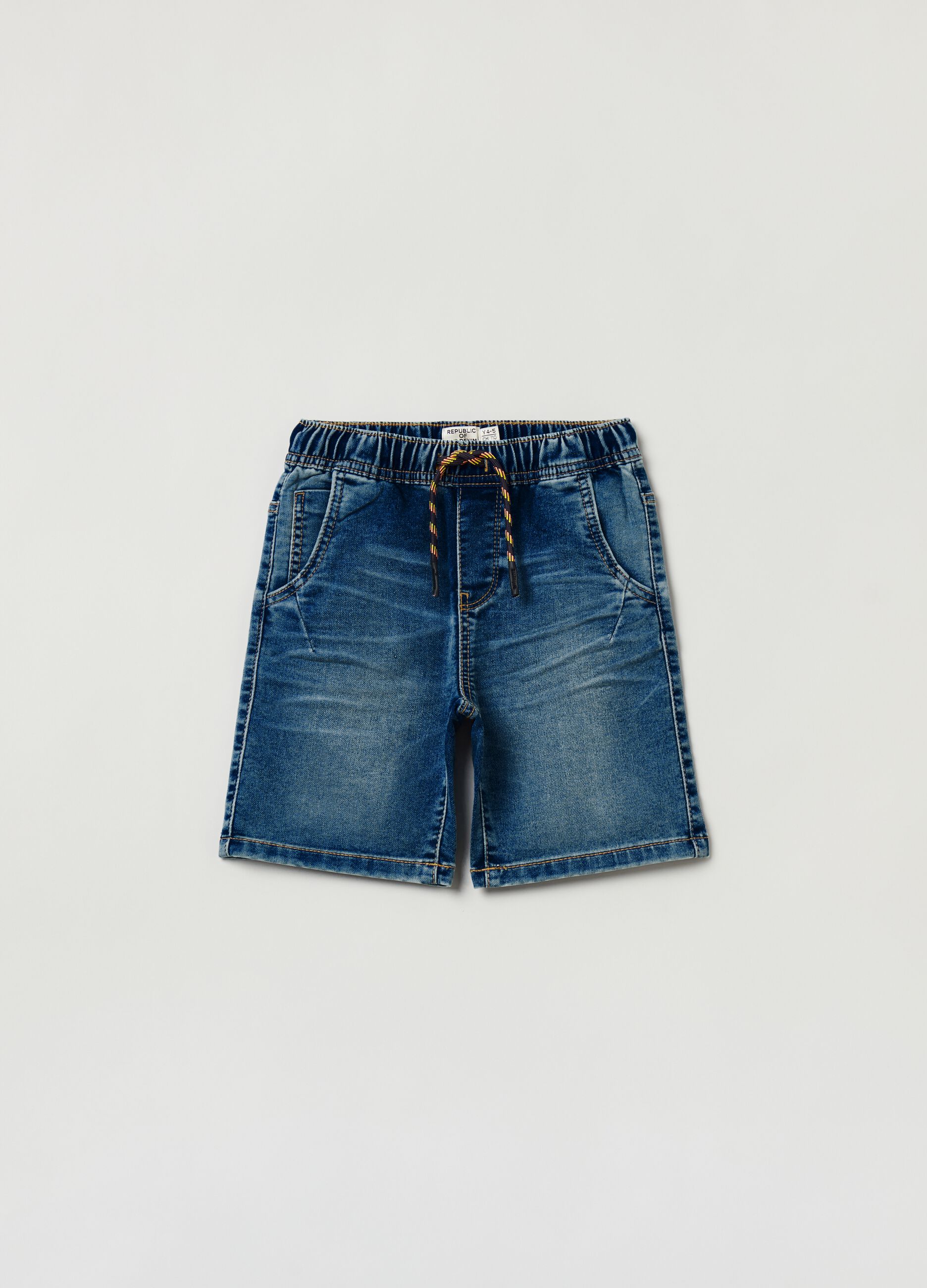 Acid wash denim shorts with drawstring