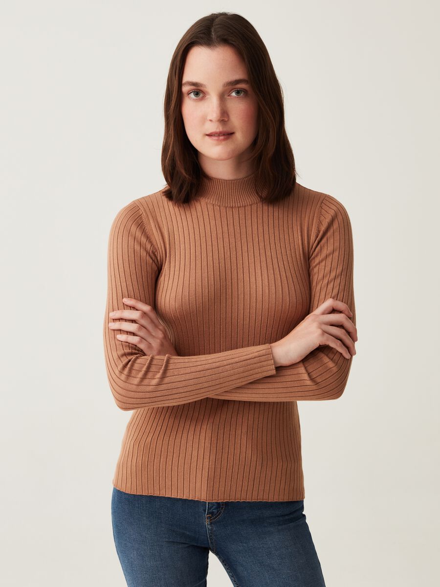 Pullover mock neck a coste piatte_1