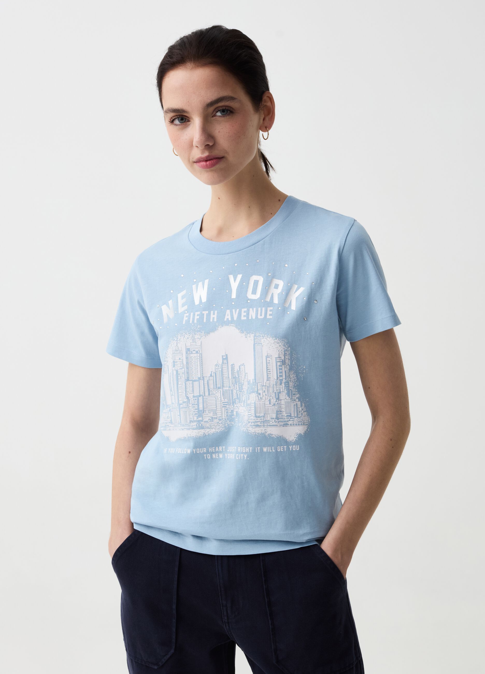 Ovs T-shirt stampa New York skyline con strass