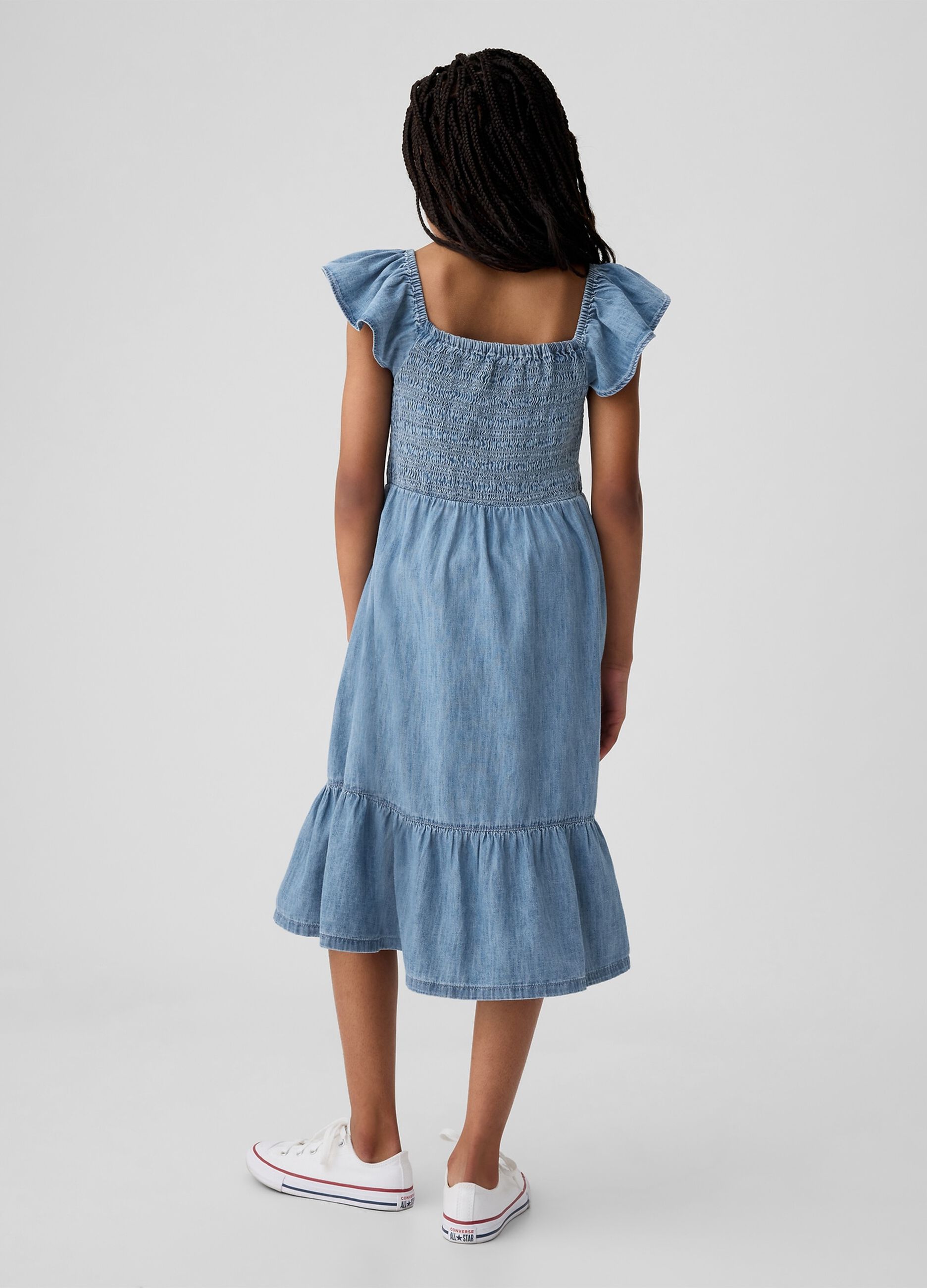 Denim midi dress with smock stitch