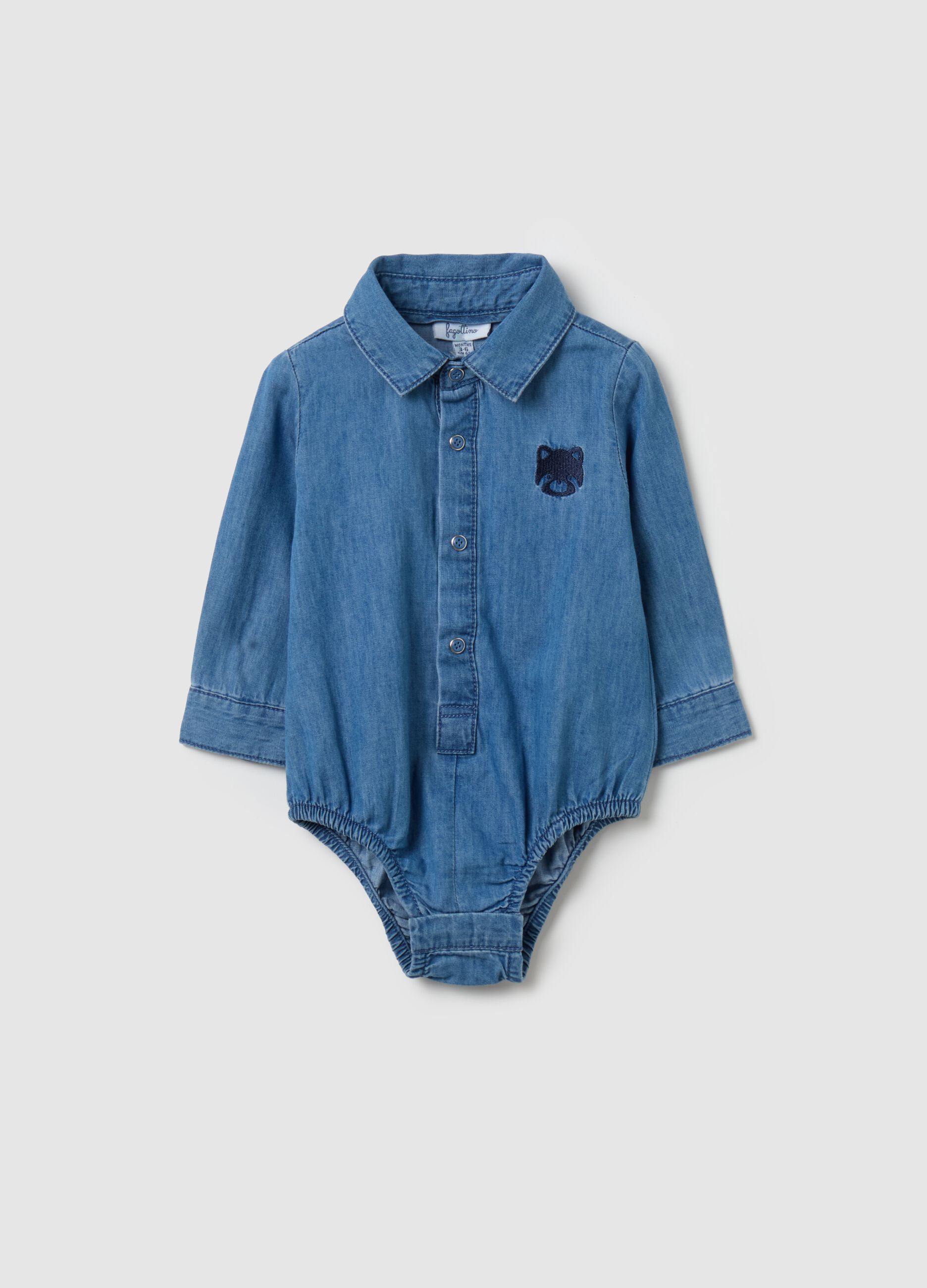 Bodysuit shirt in denim with raccoon embroidery