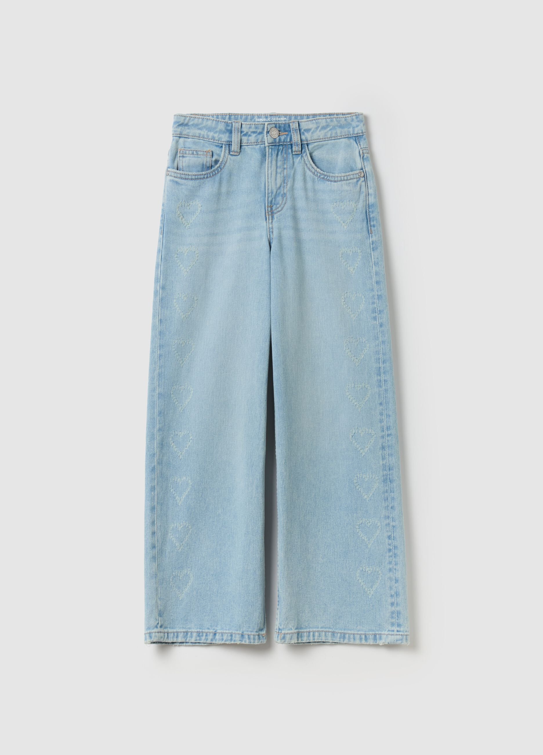 Jeans culotte con cuori ricamati