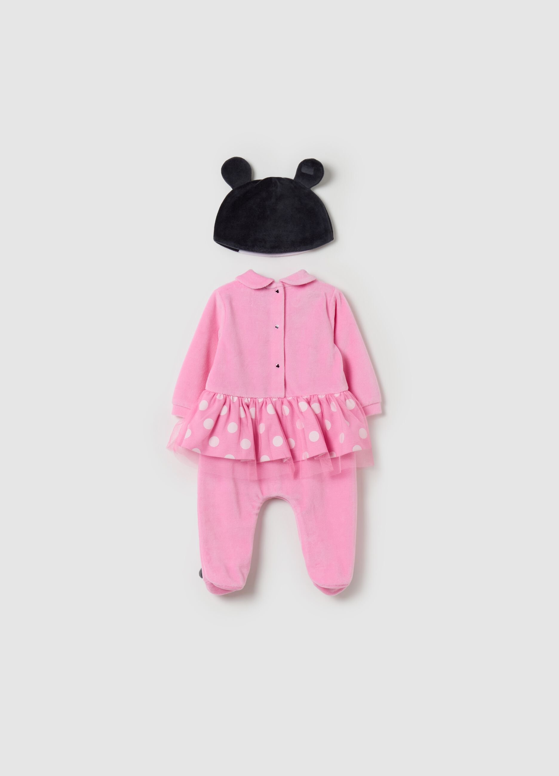 Onesie and beanie cap set with embroidered Minnie Mouse